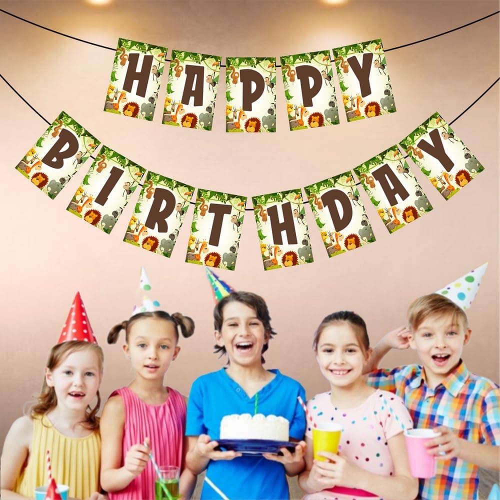 Balloonistics Jungle Animals Happy Birthday Banner Cardstock Birthday Decorations for Boys & Girls, Zoo Theme Party Backdrop (Happy Birthday Banner) thumbnail 3