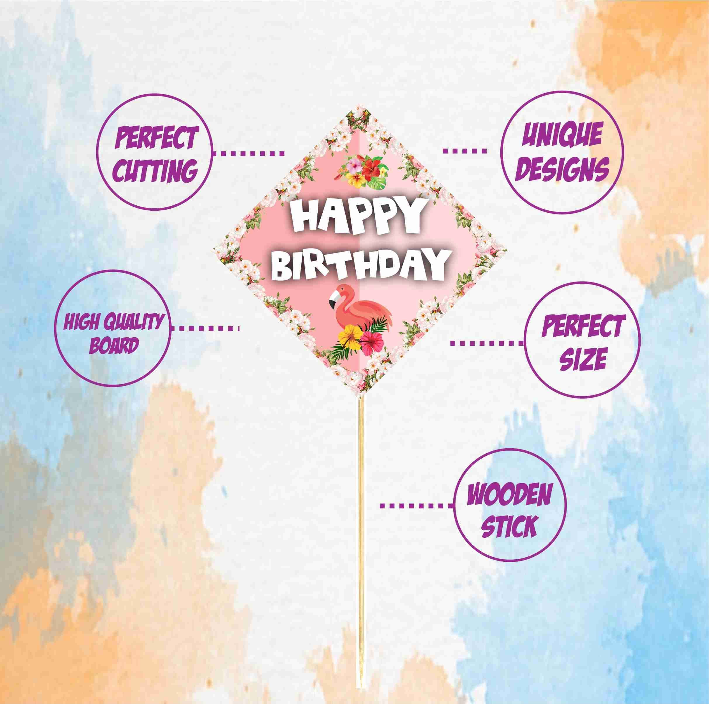 Balloonistics Flamingo Happy Birthday Cake Toppers - Pack of 10 Tropical Luau Party Decorations - Premium Cardstock Pink Flamingo & Hibiscus Figures on Bamboo Sticks, Summer Birthday Backdrop (Cake Topper - Pack of 10) thumbnail 5