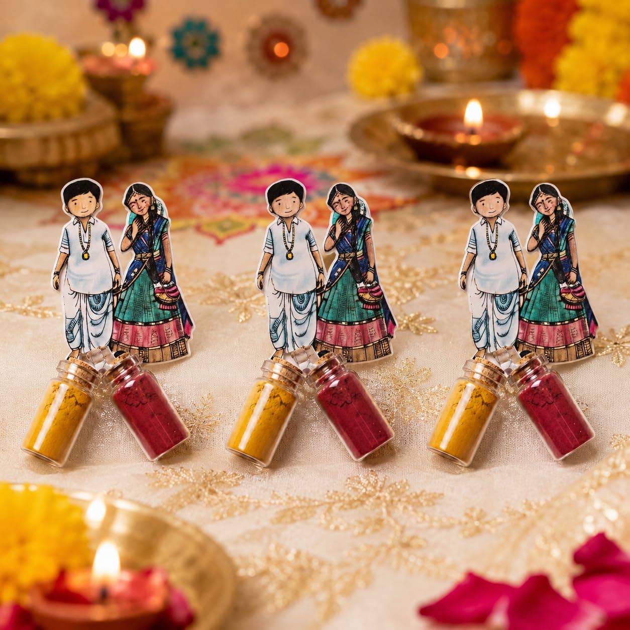 Habba Wedding Couple Haldi Kumkum Set for Guests, Printed Cut-Out with Mini Dome Glass Bottles of Haldi & Kumkum, Traditional Wedding Pooja Return Gift (Kalyanam, Vivah, Lagna), Pack of 5