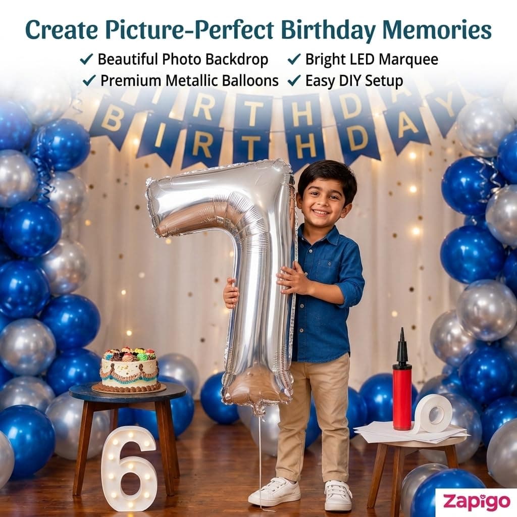 Balloonistics 11th Birthday Decoration Combo Kit - 40 Inch Silver Foil Number Balloon, LED Marquee Light, 50 Silver & Blue Balloons, Happy Birthday Banner, Balloon Pump & Glue Dots thumbnail 9