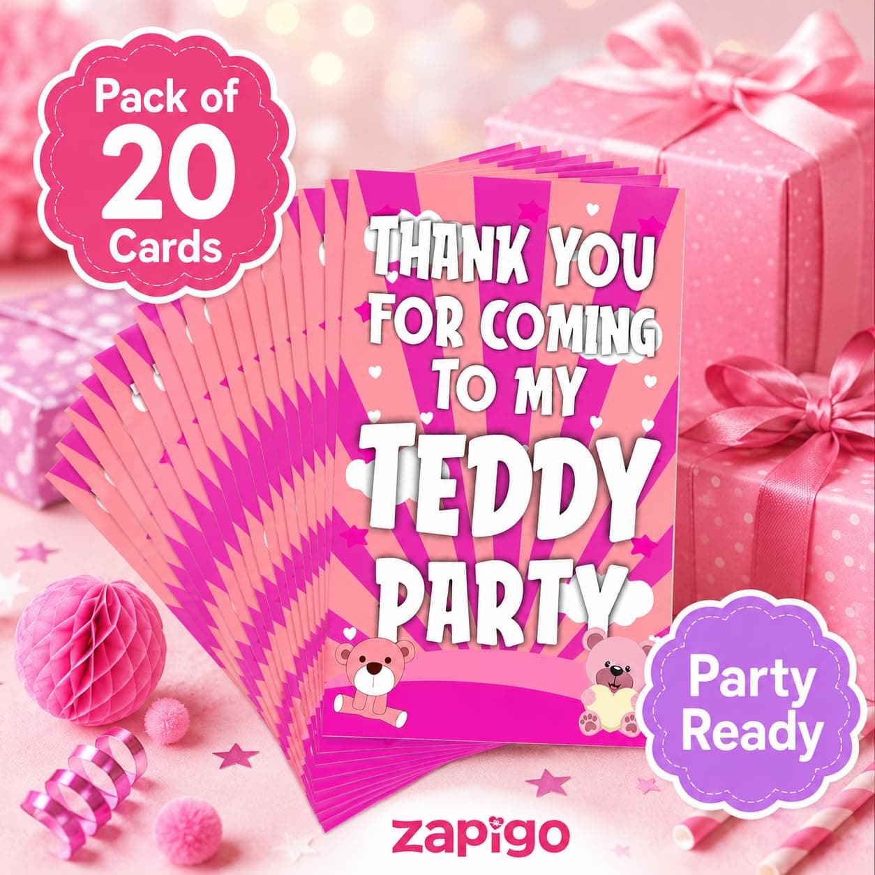 Balloonistics Pink Teddy Bear Thank You Cards - Pack of 20 Premium Cardstock Notes - Sweet Bear Theme Girl's Baby Shower & Birthday Party Supplies, Soft Pink Floral Bear Appreciation Cards with Envelopes (Thank you Cards - Pack of 20) thumbnail 5