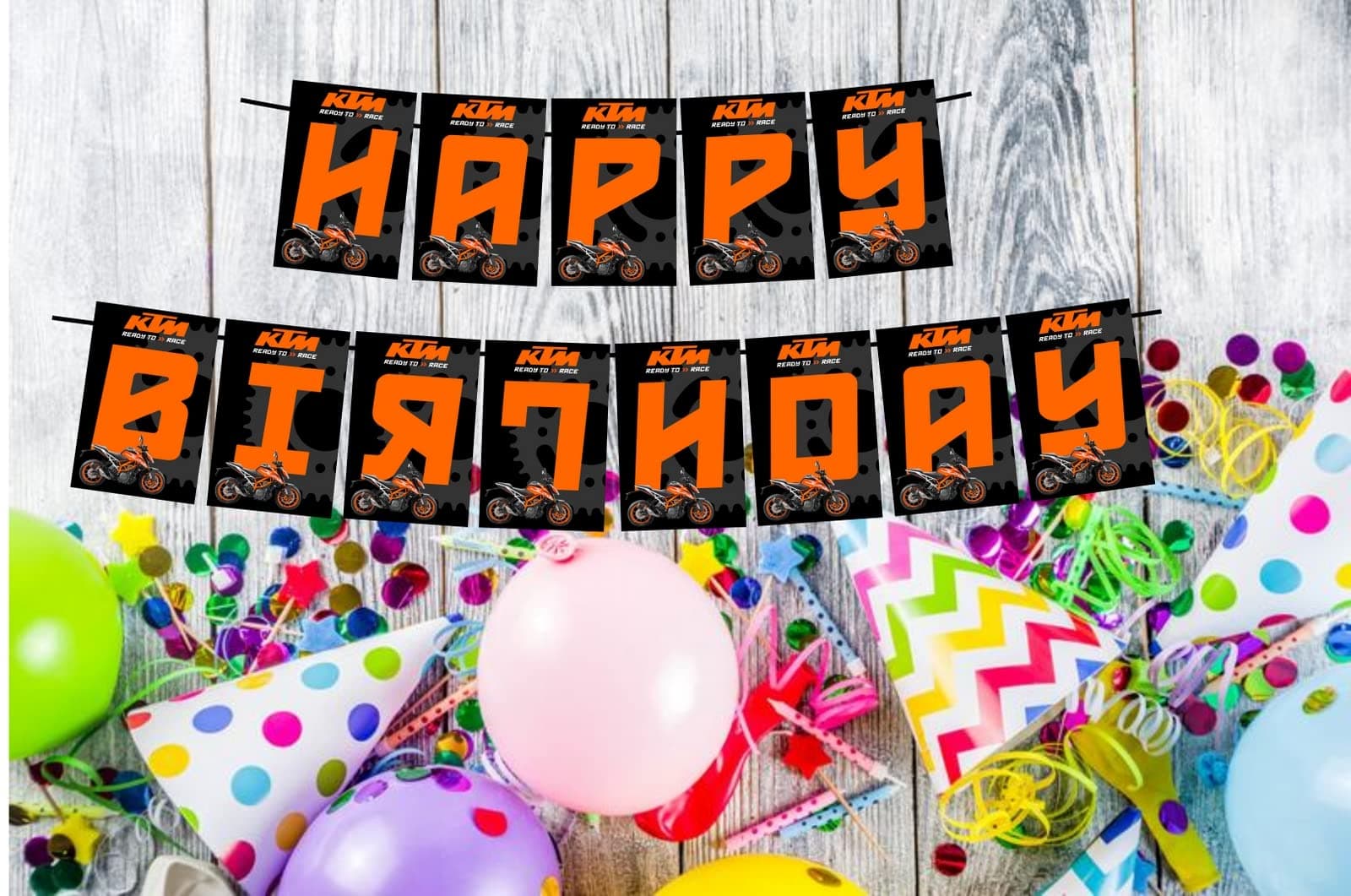Balloonistics KTM Theme Happy Birthday Banner - Racing Orange & Black Cardstock Bunting for Motocross Fans - Dirt Bike, Supermoto & Enduro Party Decorations, Ready To Race Backdrop thumbnail 2
