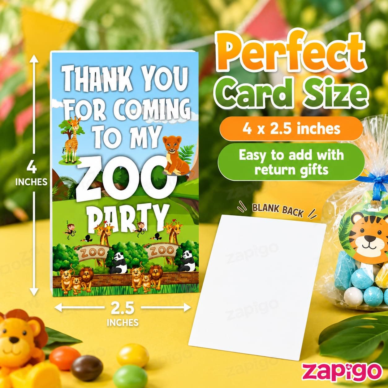 Balloonistics Zoo Theme Thank You Cards - Pack of 20 Premium Matte Note Cards - Lion, Giraffe & Zebra Jungle Safari Stationery with Matching Envelopes - Post-Party Gratitude for Kids Birthdays (Thank you Cards - Pack of 20) thumbnail 3