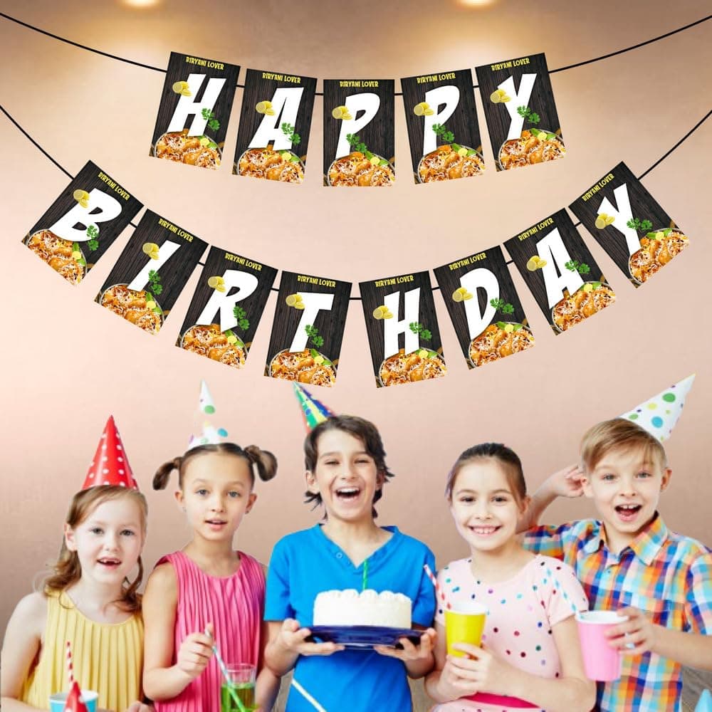 Balloonistics Biryani Theme Happy Birthday Banner - Foodie & Desi Cuisine Cardstock Bunting for Biryani Lovers - Fun Gourmet Birthday Decorations, Indian Food Theme Party Supplies thumbnail 3