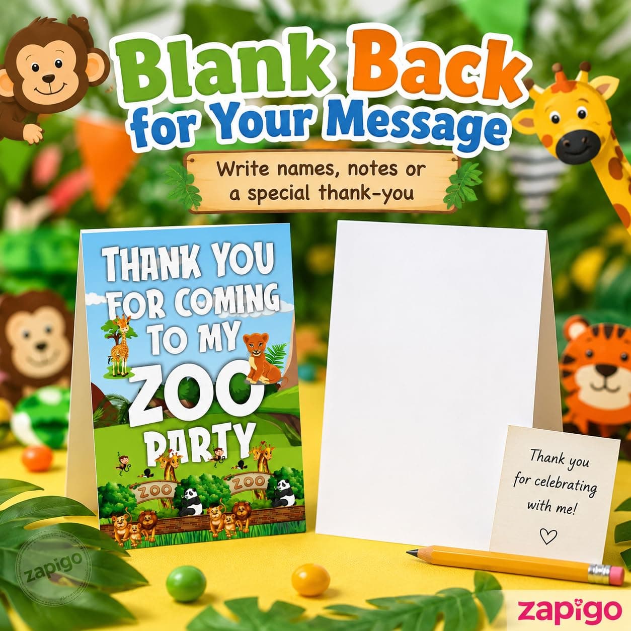 Balloonistics Zoo Theme Thank You Cards - Pack of 20 Premium Matte Note Cards - Lion, Giraffe & Zebra Jungle Safari Stationery with Matching Envelopes - Post-Party Gratitude for Kids Birthdays (Thank you Cards - Pack of 20) thumbnail 5