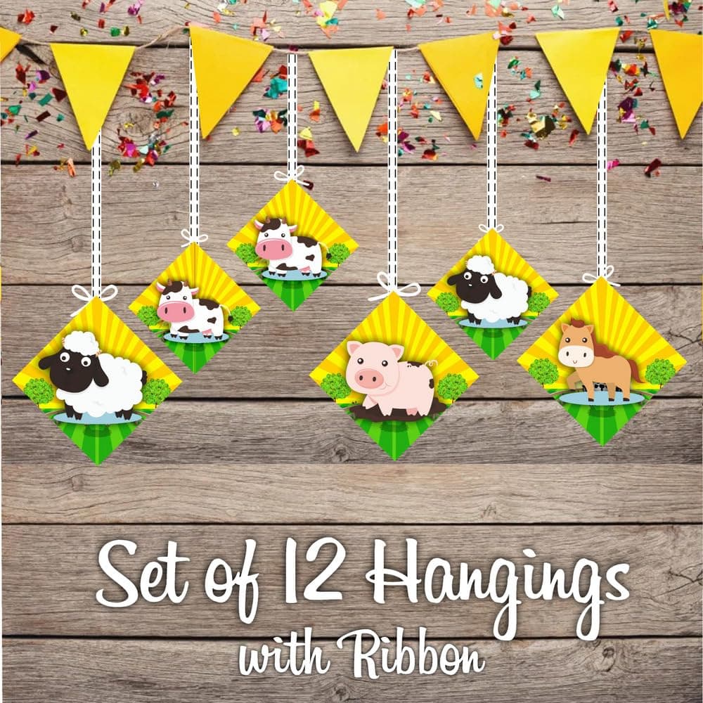 Balloonistics Farm Theme Hanging Decorations - Pack of 12 Barnyard Birthday Hangings - Premium Cardstock Double-Sided Cow, Pig, & Tractor Cutouts with Strings, Rustic Country Party & Outdoor Bash Decor (Hangings - Pack of 12) thumbnail 2