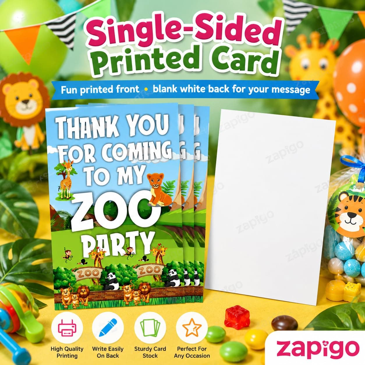 Balloonistics Zoo Theme Thank You Cards - Pack of 20 Premium Matte Note Cards - Lion, Giraffe & Zebra Jungle Safari Stationery with Matching Envelopes - Post-Party Gratitude for Kids Birthdays (Thank you Cards - Pack of 20) thumbnail 2