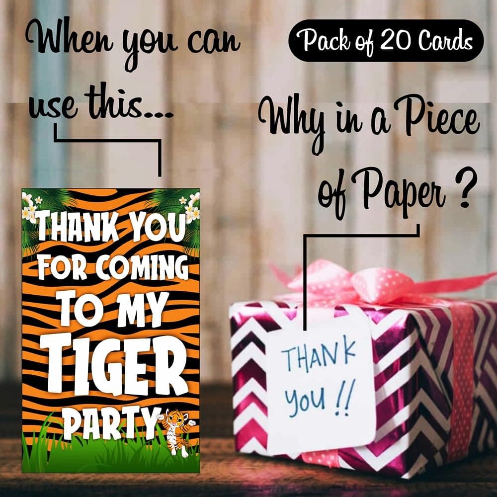 Balloonistics Tiger Theme Thank You Cards - Pack of 20 Premium Matte Note Cards - Jungle Safari & Wild One Birthday Stationery with Matching Envelopes - Double-Sided Cardstock Tiger Face Gratitude Cards (Thank you Cards - Pack of 20) thumbnail 2