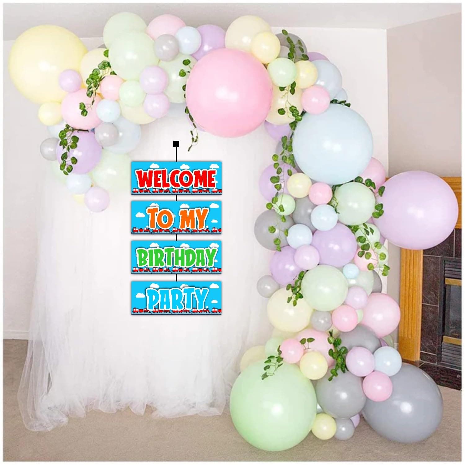 Balloonistics Train Birthday Theme Welcome Board 2.3 Feet Steam Engine Rail Decoration for Indoor and Outdoor Durable Cardstock Party Sign with Ribbon (Welcome Outdoor Board) thumbnail 4