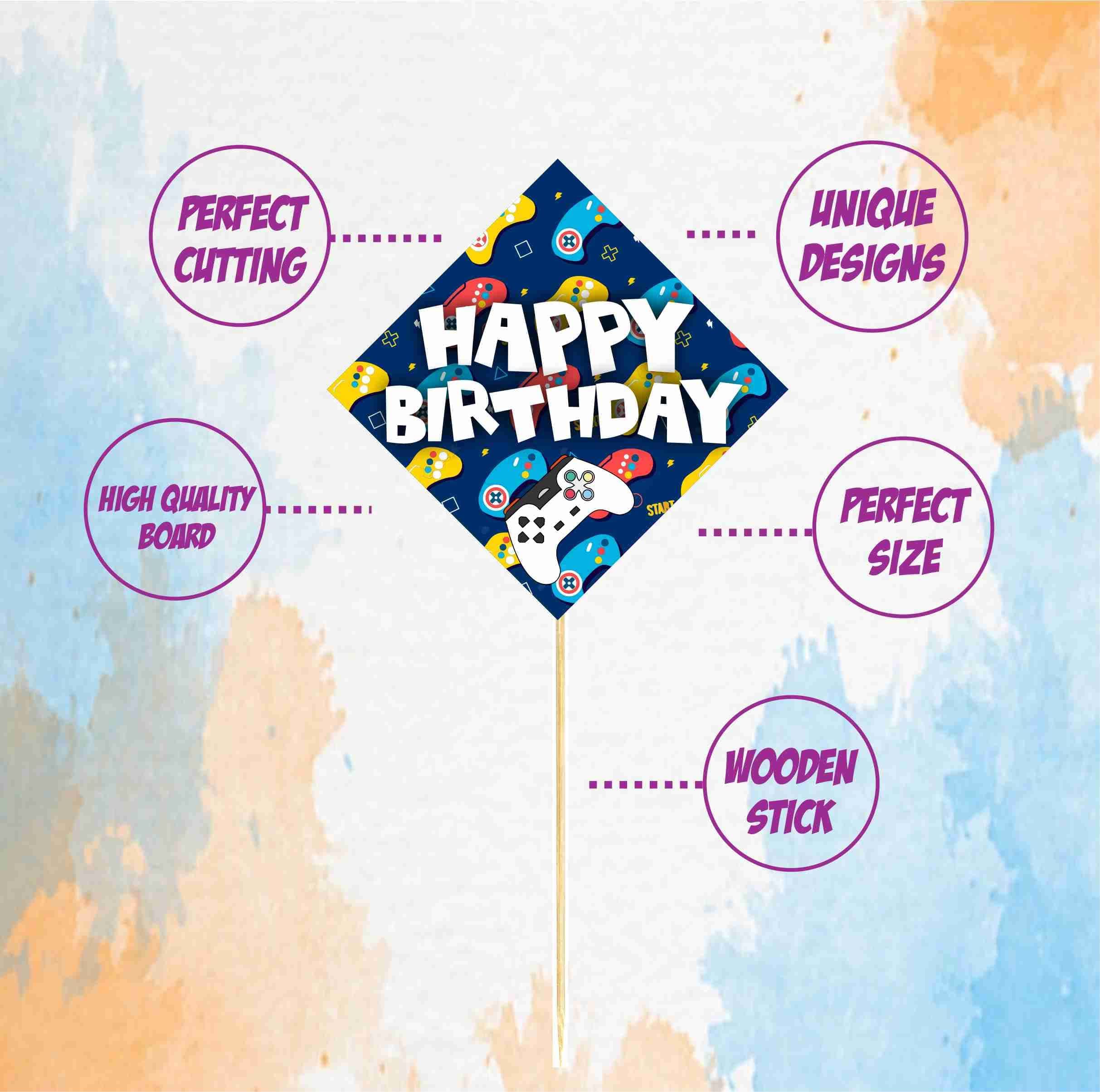 Balloonistics Video Game Theme Happy Birthday Cake Topper Set - Level Up Gaming Party Decorations, Double-Sided Cardstock Cake Inserts with Bamboo Sticks for Boys & Kids (Cake Topper - Pack of 10) thumbnail 5