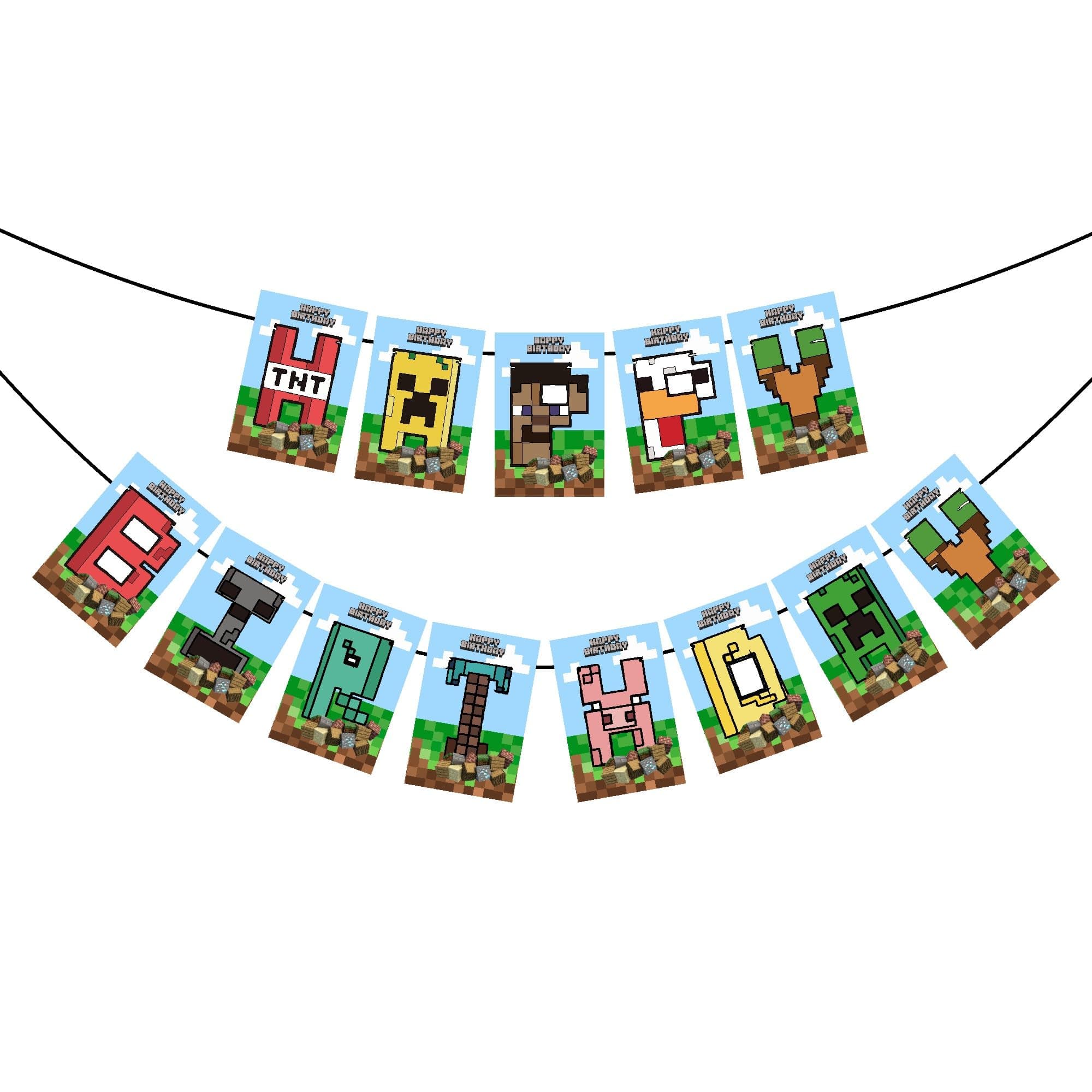 Balloonistics Mines & Craft Theme Happy Birthday Banner Cardstock Pixel Mine Design for Birthday Decoration Backdrop with Ribbon (Happy Birthday Banner) thumbnail 1