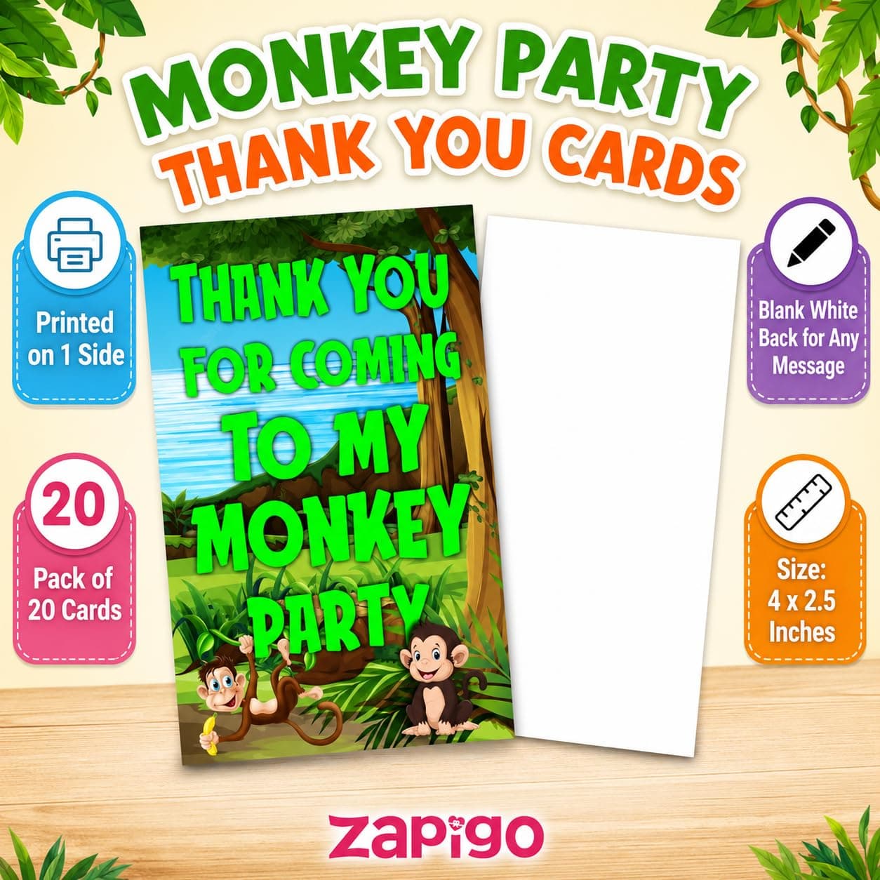 Balloonistics Monkey Theme Thank You Cards for Kids Birthday - Pack of 20 Jungle Safari Return Gift Notes - Premium Cardstock Stationery, Cute Animal Party Supplies for Boys and Girls (Thank you Cards - Pack of 20) thumbnail 2