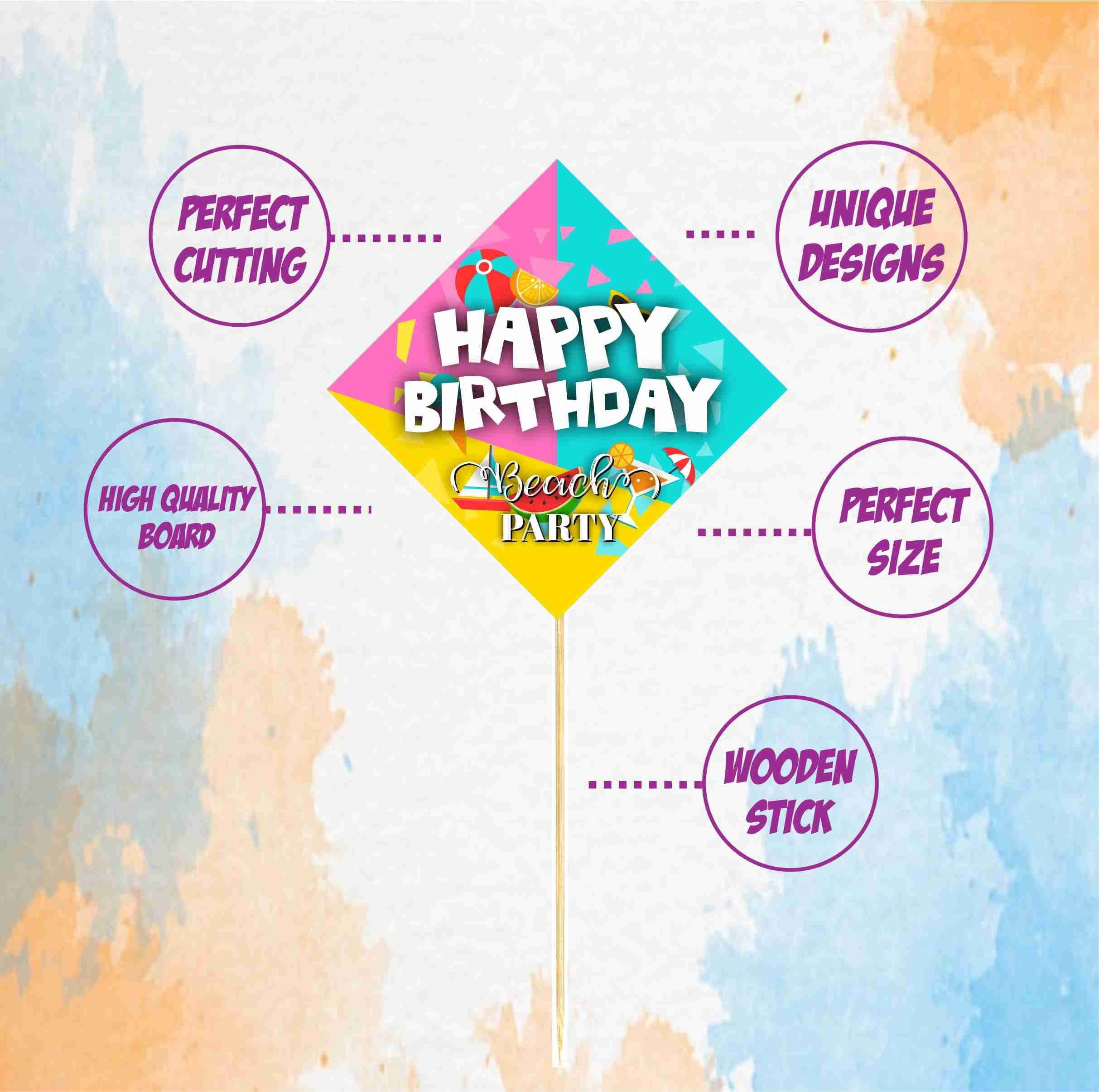 Balloonistics Beach Party Happy Birthday Cake Topper - Pack of 10 Tropical Summer Theme Cake Decorations - Premium Cardstock Sun, Surfboard & Palm Tree Picks with Bamboo Sticks - Double-Sided Pool Party & Luau Decor(Cake Topper - Pack of 10) thumbnail 5