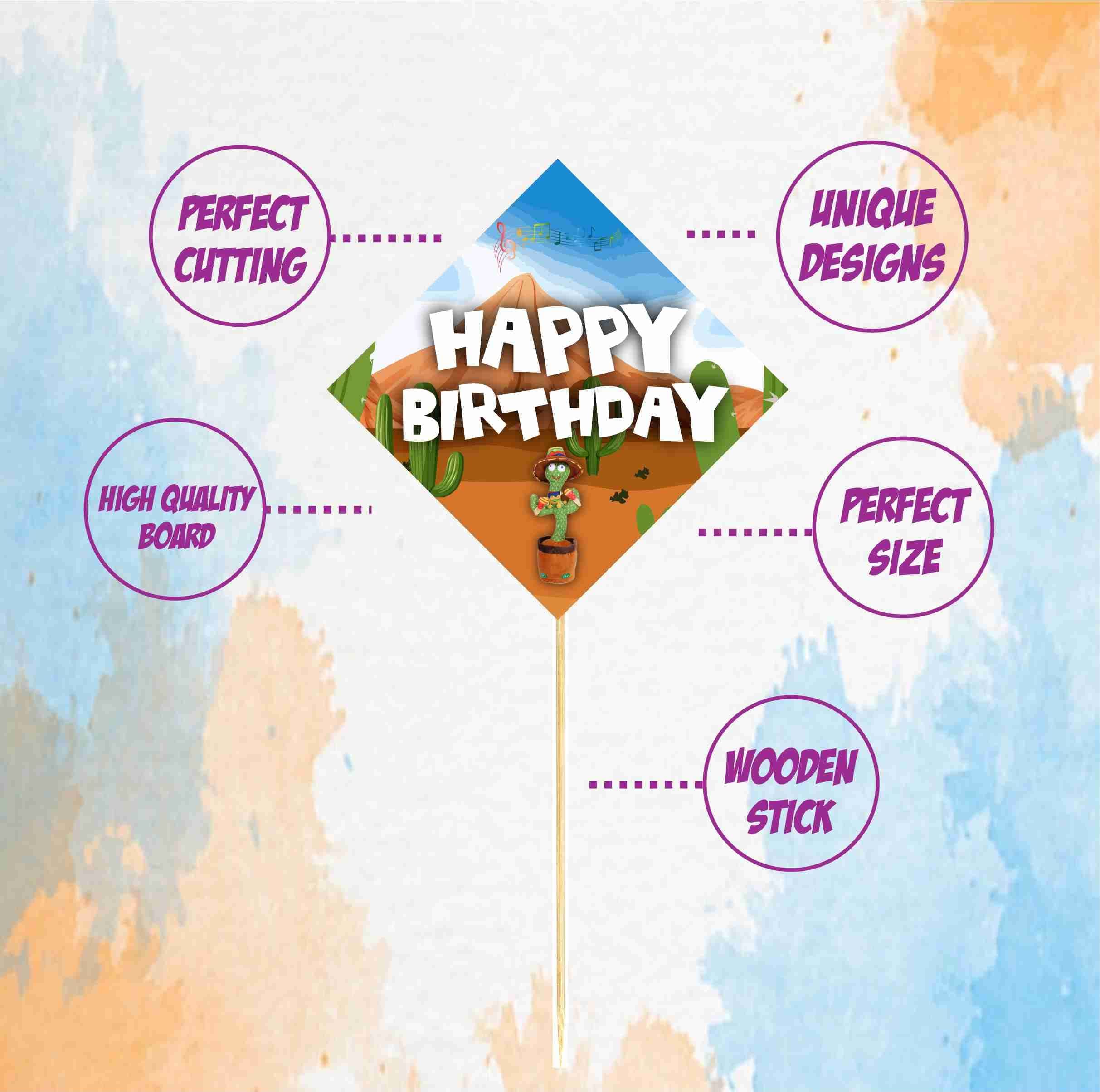 Balloonistics Talking Cactus Happy Birthday Cake Toppers - Pack of 10 Large Double-Sided Cardstock Cake Picks - Dancing Cactus Theme Party Decorations, High-Gloss Dessert Toppers thumbnail 5
