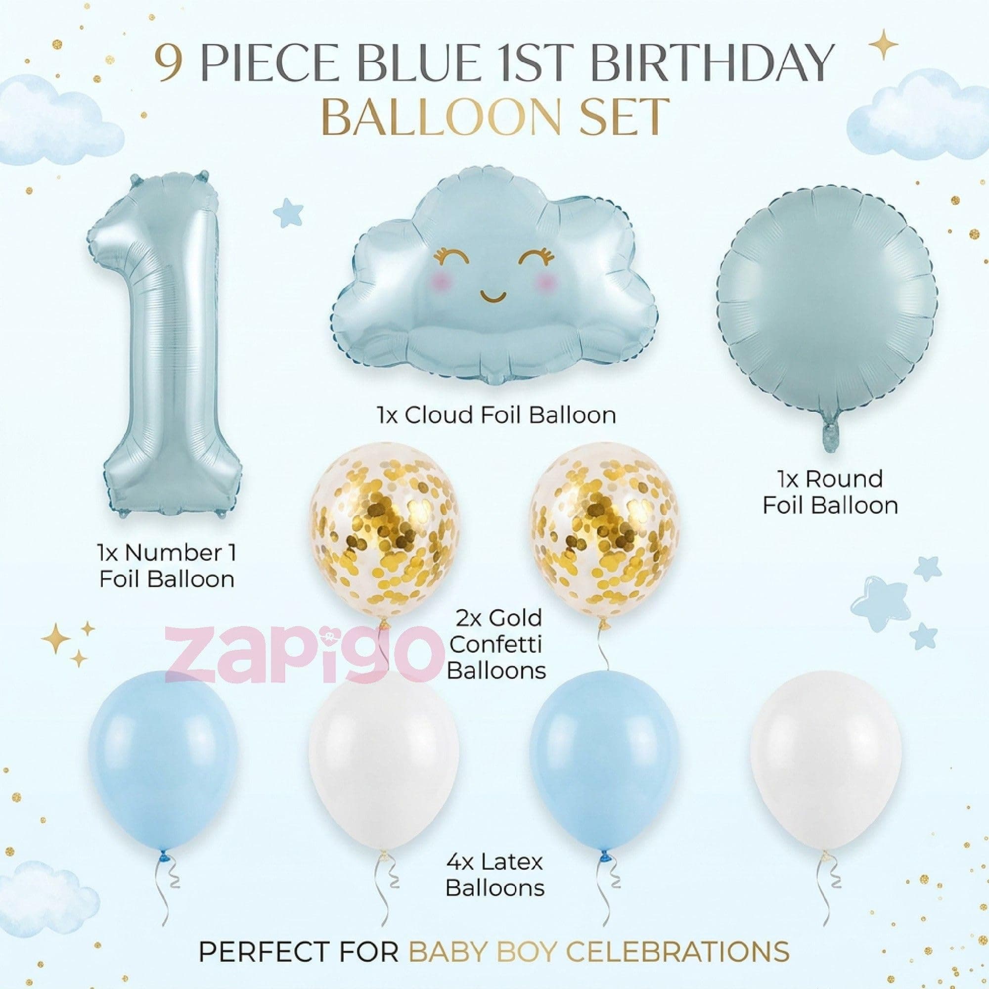 Balloonistics 1st Birthday Blue Cloud Theme Balloon Bouquet - Pack of 9 | Number 1 Foil, Smiling Cloud, Round Foil, Gold Confetti & Latex Balloons | Baby Boy First Birthday Decoration Set thumbnail 2