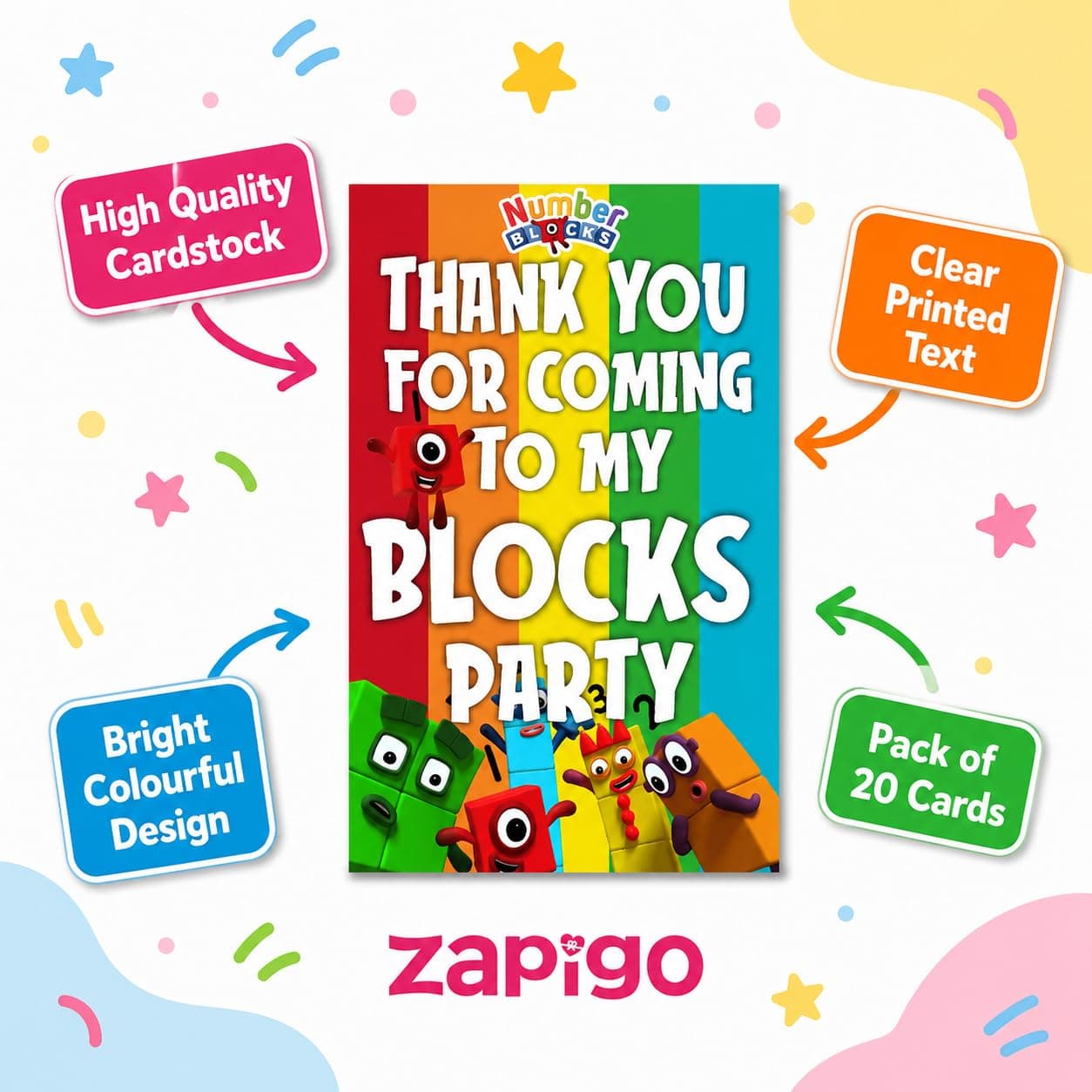 Balloonistics Number Blocks Theme Thank You Cards - Pack of 10 Math-Powered "Step Squad" Note Cards with Envelopes - Double-Sided Cardstock Fill-in Appreciation Cards for Kids, Educational Birthday Party Favors (Thank you Cards - Pack of 20) thumbnail 5