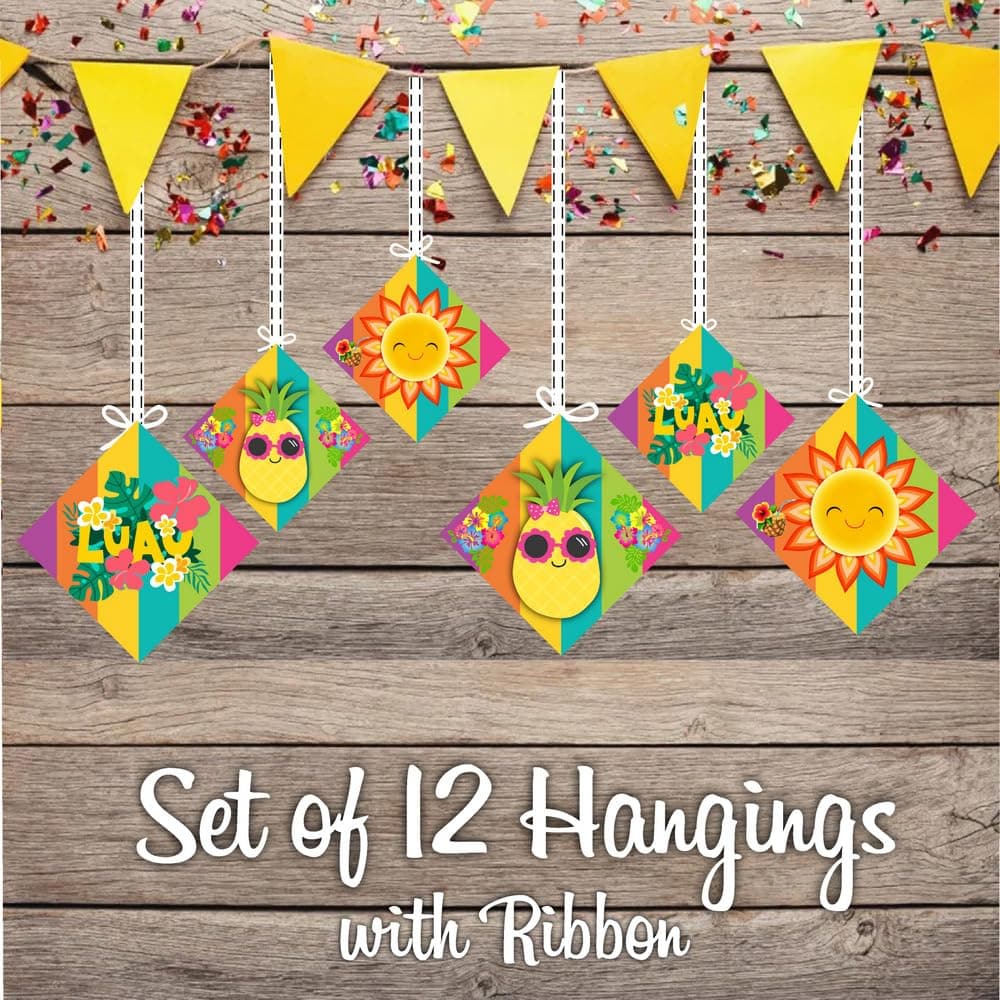 Balloonistics Hawaii Luau Theme Happy Birthday Hanging Decorations (Pack of 12) - Double-Sided Tropical Hibiscus & Pineapple Cutouts - Premium Cardstock Aloha Party Decor with Ribbons Included (Hangings - Pack of 12) thumbnail 2