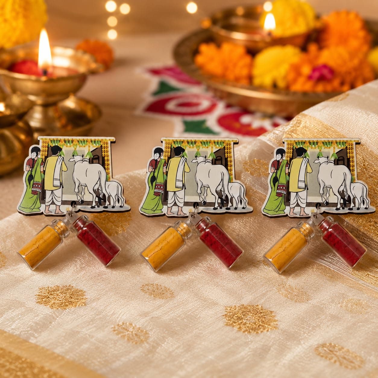 Habba House Warming Haldi Kumkum Set for Guests, Printed Cut-Out with Mini Dome Glass Bottles of Haldi & Kumkum, Traditional Griha Pravesh Return Gift (Gruhapravesam, Vaastu), Pack of 10
