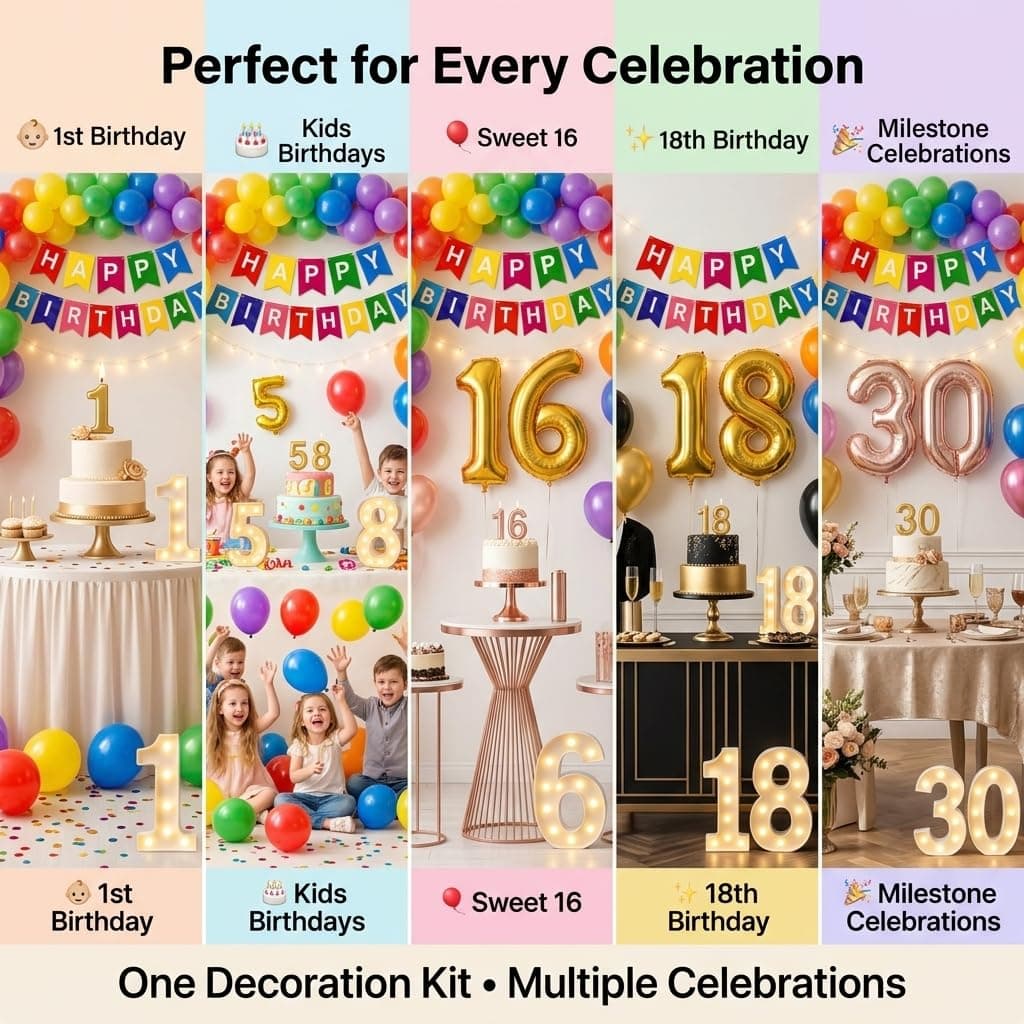 Balloonistics 17th Birthday Decoration Combo Kit - 40 Inch Gold Foil Number Balloon, LED Marquee Light, 50 Black & Gold Balloons, Happy Birthday Banner, Balloon Pump & Glue Dots thumbnail 5