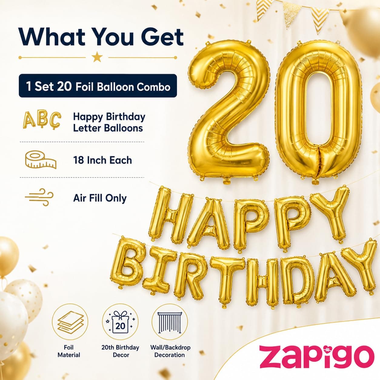 Balloonistics Happy Birthday Letter Golden Foil Balloons and Number Golden Foil Balloon for Party Decoration (Number 20) thumbnail 6