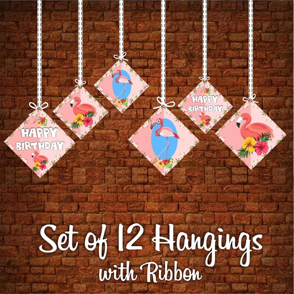 Balloonistics Flamingo Theme Hanging Decorations - Pack of 12 Tropical Luau Party Hangings - Premium Cardstock Pink Flamingo, Palm Leaf & Hibiscus Cutouts with Strings, Summer Birthday & Pool Party Decor (Hangings - Pack of 12) thumbnail 5