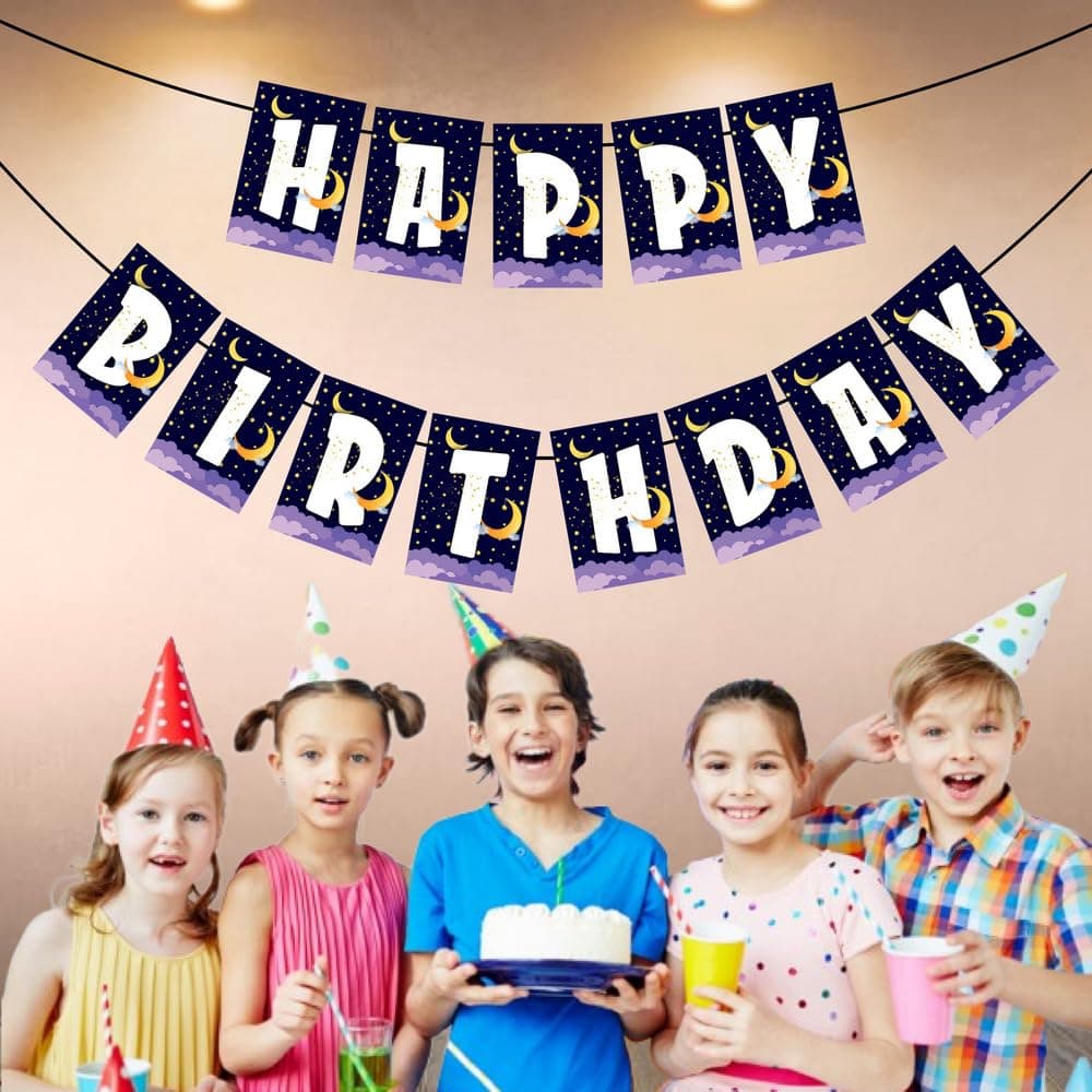Balloonistics Moon and Stars Happy Birthday Banner - Double-Sided Cardstock Bunting with Ribbon - Twinkle Twinkle Little Star & Celestial Theme Party Decorations, Over the Moon Birthday Backdrop (Happy Birthday Banner) thumbnail 3