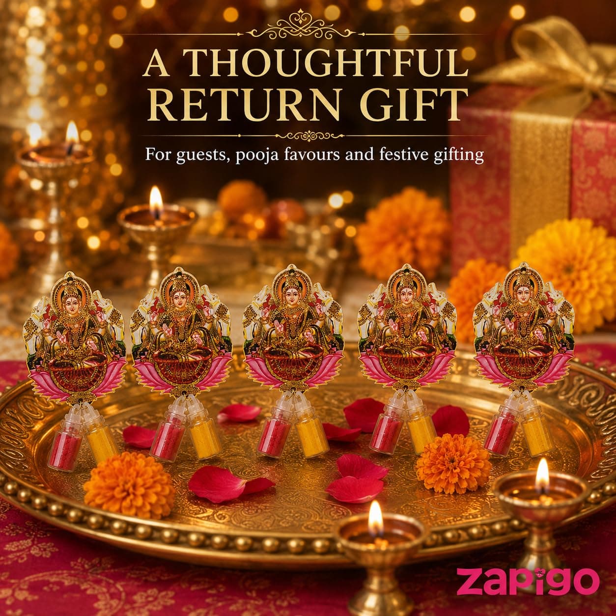 Habba Gaja Lakshmi Haldi Kumkum Set for Guests, Printed Cut-Out with Mini Dome Glass Bottles of Haldi & Kumkum, Traditional Varalakshmi Vratham, Deepavali, Navratri, Griha Pravesh, Pack of 5 thumbnail 6