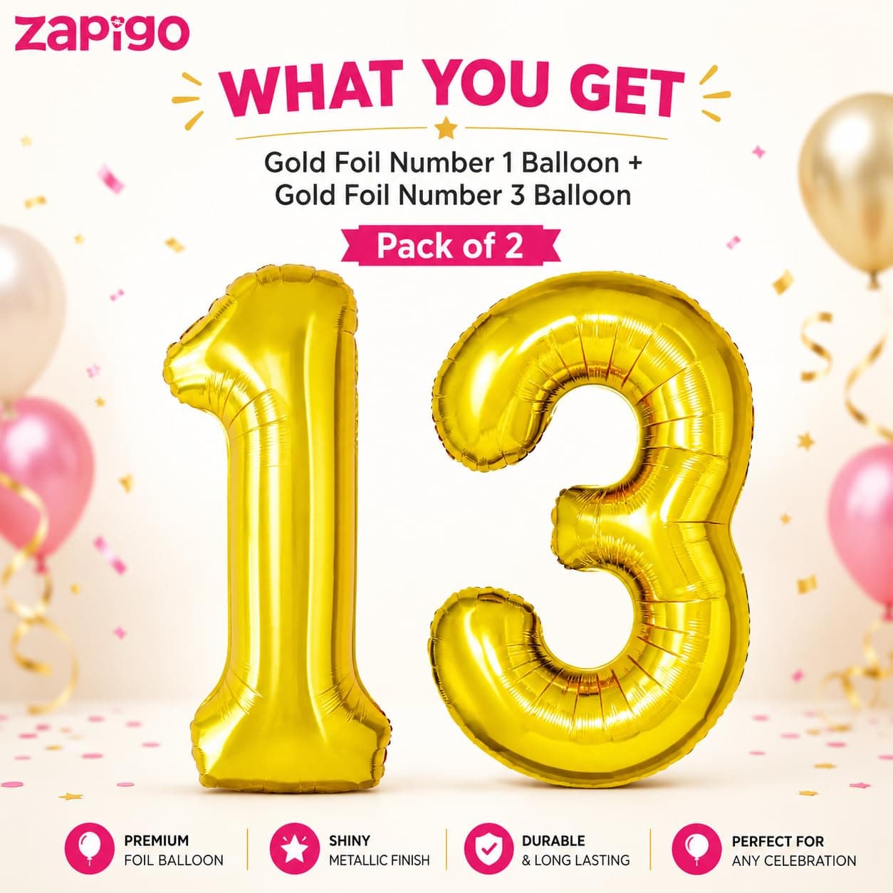 Balloonistics Number 13 Gold Foil Balloon – 17-Inch Metallic '13' Balloon Pack of 2 for 13th Birthday & Teenage Debut Party Decoration thumbnail 6