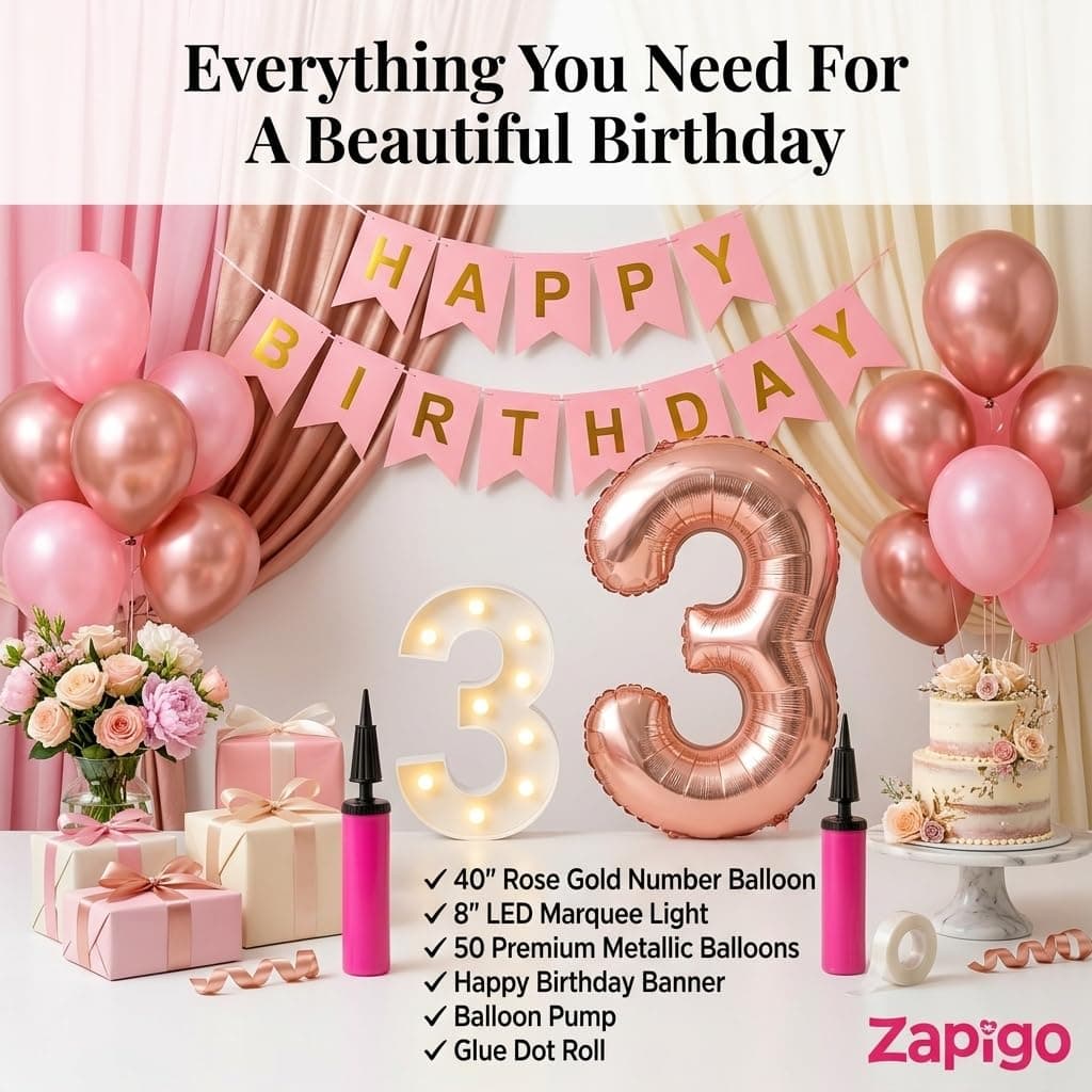 Balloonistics 17th Birthday Decoration Combo Kit - 40 Inch Rose Gold Foil Number Balloon, LED Marquee Light, 50 Rose Gold & Pink Balloons, Happy Birthday Banner, Balloon Pump & Glue Dots thumbnail 2
