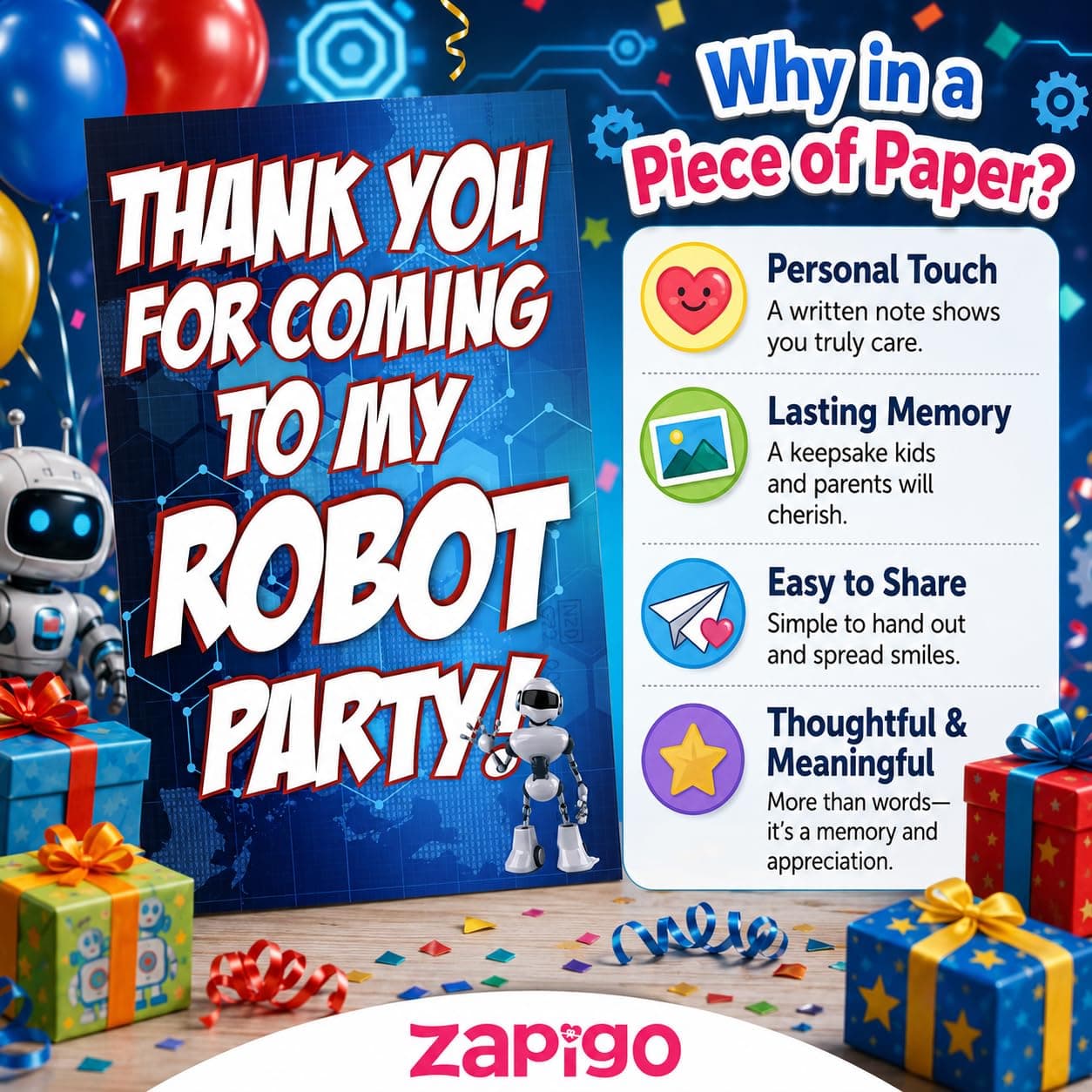 Balloonistics Robot Theme Thank You Cards - Pack of 20 Double-Sided Cardstock Note Cards - Futuristic Sci-Fi Party Stationery for Kids, Boys & STEM Birthdays - Gear-Shaped Appreciation Cards with Fill-in Details (Thank you Cards - Pack of 20) thumbnail 4