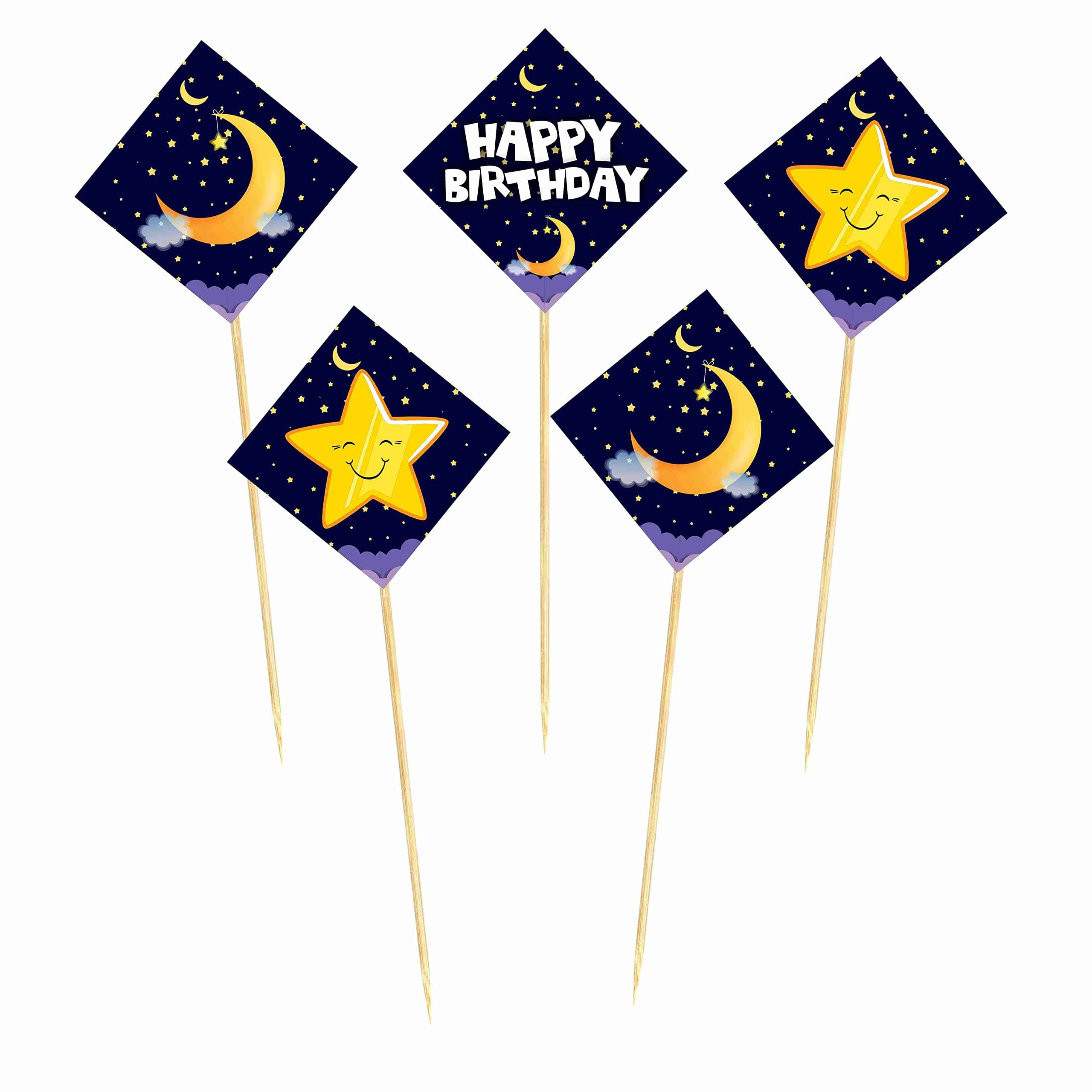 Balloonistics Moon and Stars Birthday Cake Toppers - Pack of 10 Double-Sided Cardstock Toppers with Bamboo Sticks - Twinkle Twinkle Little Star & Celestial Theme Party Decorations, Over the Moon Cake Decor(Cake Topper - Pack of 10) thumbnail 2