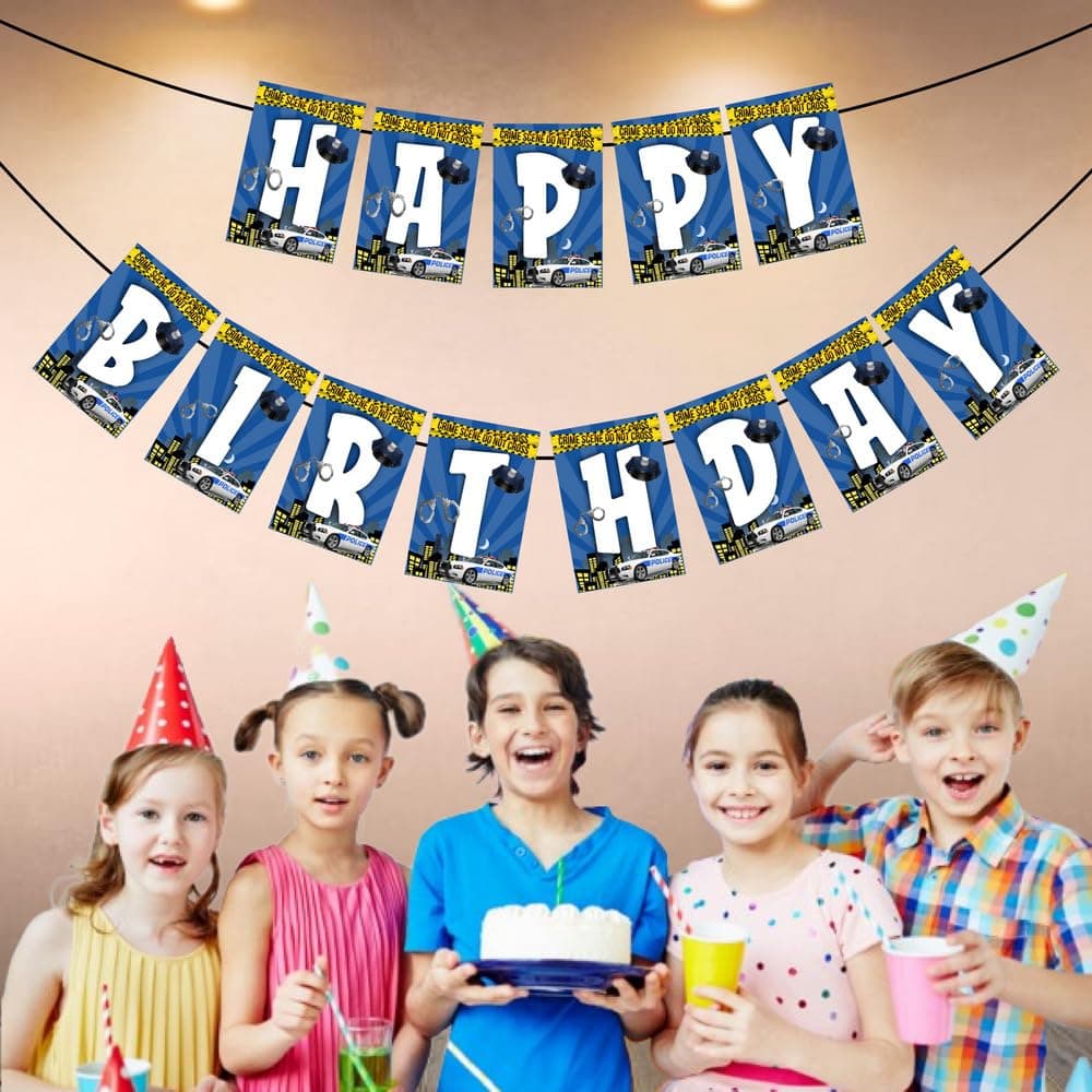 Balloonistics Police Happy Birthday Banner - Premium Cardstock Law Enforcement Party Bunting - Police Officer Theme Birthday Backdrop, Cop Car & Badge Indoor/Outdoor Hanging Sign with Ribbons (Happy Birthday Banner) thumbnail 3