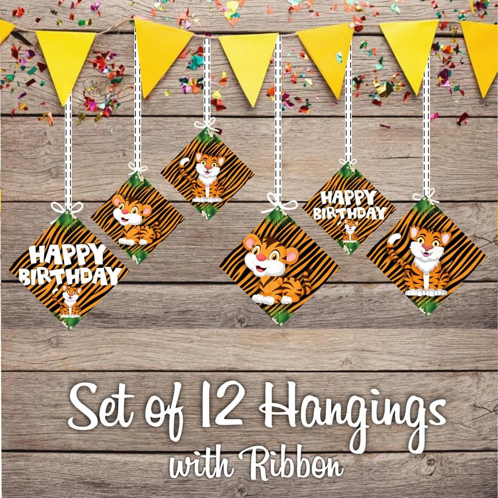 Balloonistics Tiger Theme Happy Birthday Hanging Decorations -Double-Sided Cardstock Cutouts -Jungle Safari & Wild One Party Supplies Includes Ribbons-Orange & Black Tiger Decor ( Hanging Pack of 12) thumbnail 2