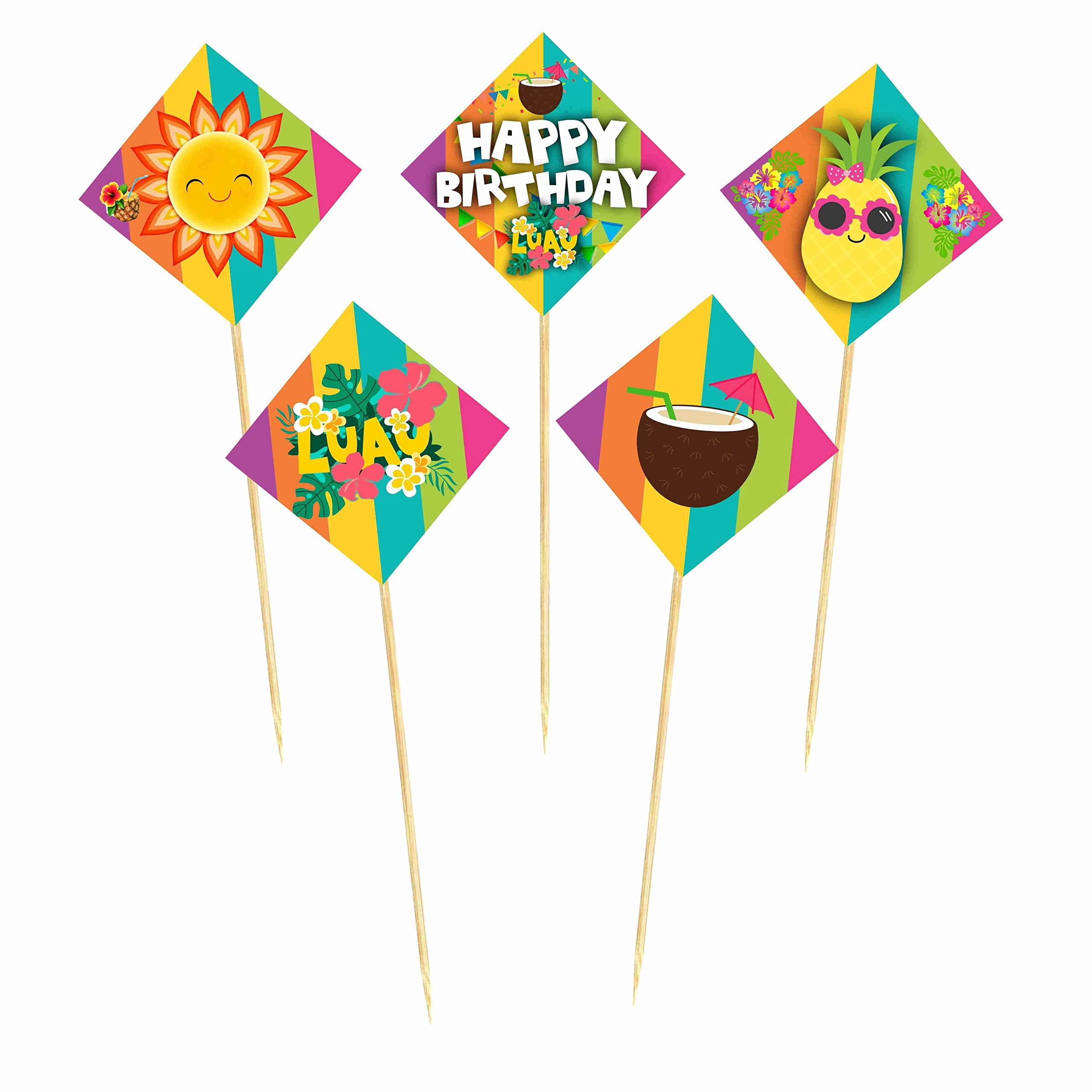 Balloonistics Hawaii Luau Happy Birthday Cake Topper - Tropical Hibiscus & Palm Leaf Cake Decorations - Premium Cardstock Aloha Party Supplies with Food-Grade Bamboo Sticks (Cake Topper - Pack of 10) thumbnail 2