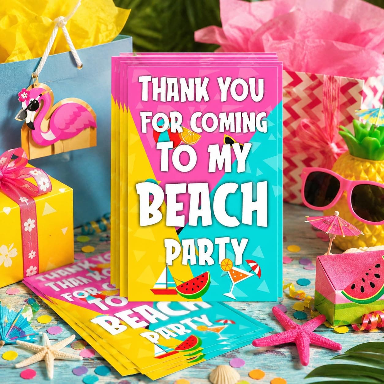 Balloonistics Beach Party Birthday Thank You Cards - Pack of 20 Tropical Summer & Pool Side Return Gift Tags - Premium Cardstock "Sun, Sand & Surf" Note Cards for Kids & Adults (Thank you Cards - Pack of 20)