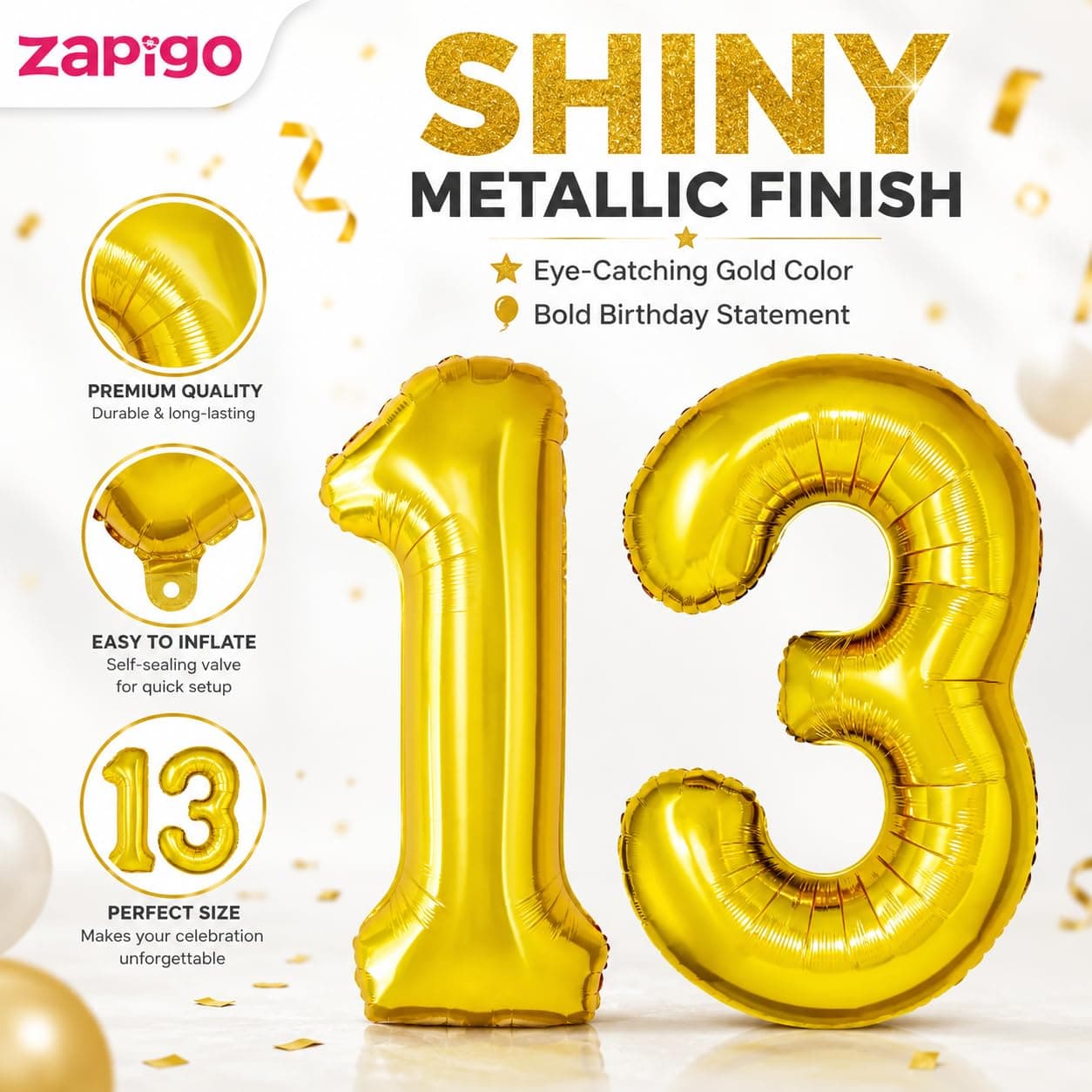 Balloonistics Number 13 Gold Foil Balloon – 17-Inch Metallic '13' Balloon Pack of 2 for 13th Birthday & Teenage Debut Party Decoration thumbnail 2