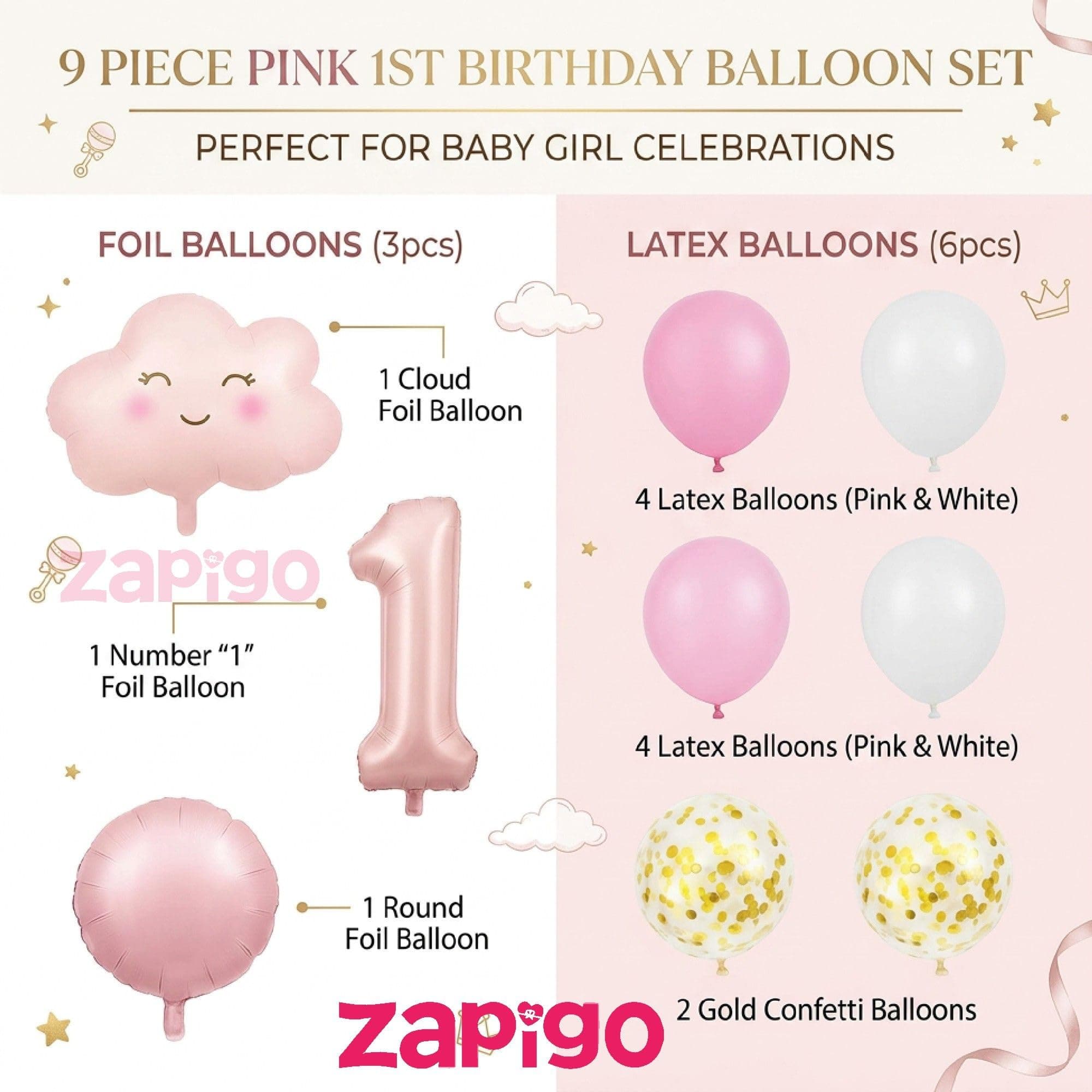 Balloonistics 1St Birthday Pink Cloud Theme Happy Birthday Balloon Bouquet Pack Of 5 thumbnail 2
