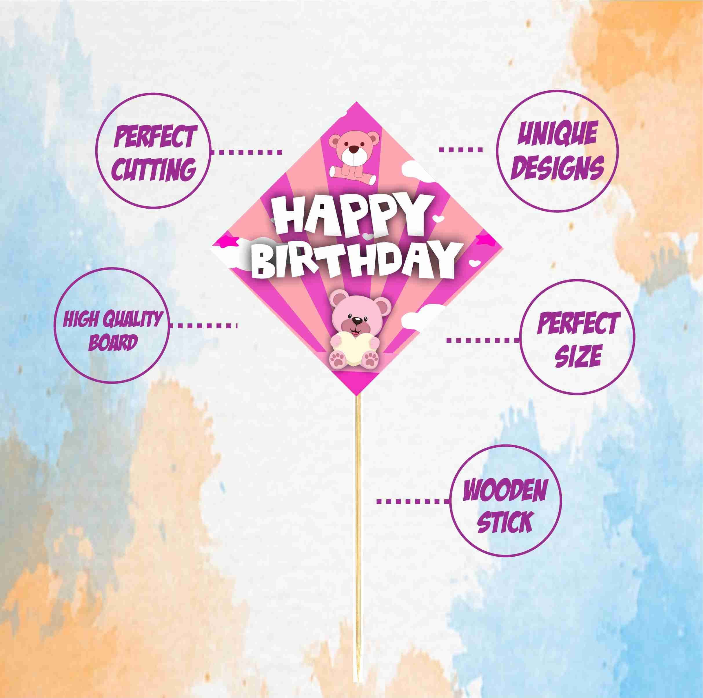 Balloonistics Pink Teddy Bear Happy Birthday Cake Toppers - Pack of 10 Double-Sided Cardstock Cake Picks - Sweet Bear Theme, 1st Birthday Decorations, Beary Sweet Dessert Toppers on Bamboo Sticks (Cake Topper - Pack of 10) thumbnail 5
