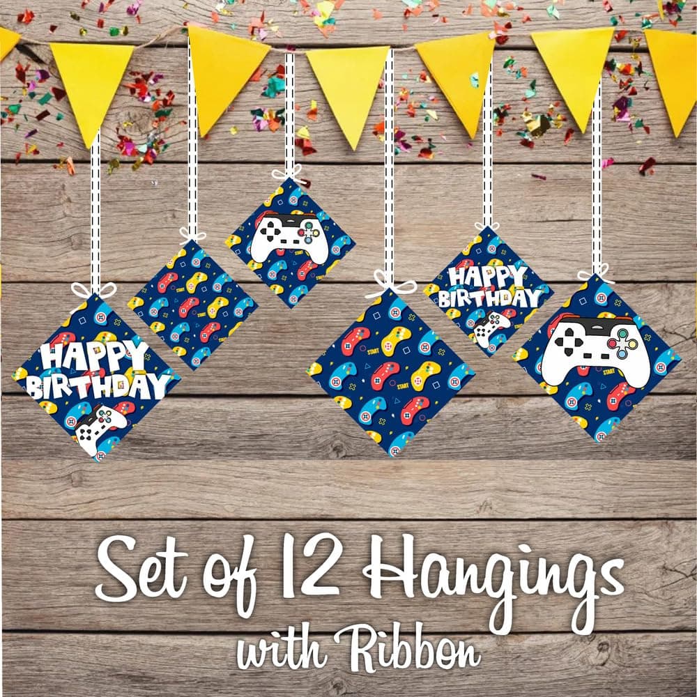 Balloonistics Video Game Theme Birthday Ceiling Hangings - Double-Sided Cardstock Gaming Decorations - Level Up Gamer Party Supplies for Boys & Kids, Includes Ribbons for Easy Hanging (Hangings - Pack of 12) thumbnail 2
