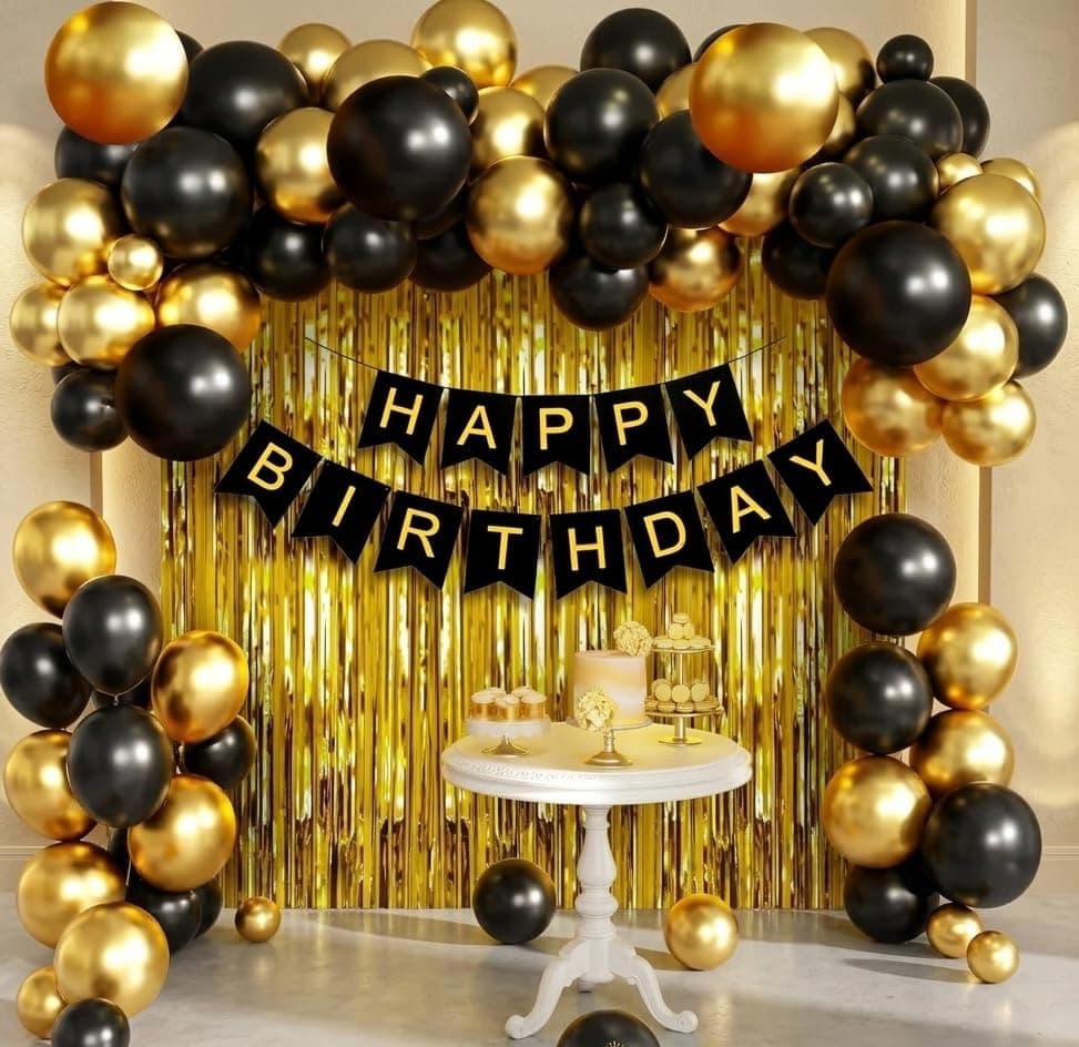 Balloonistics 46 Pcs Black & Gold Happy Birthday Decoration Kit – Metallic Balloons & Golden Foil Curtain for Birthday Theme Parties thumbnail 1