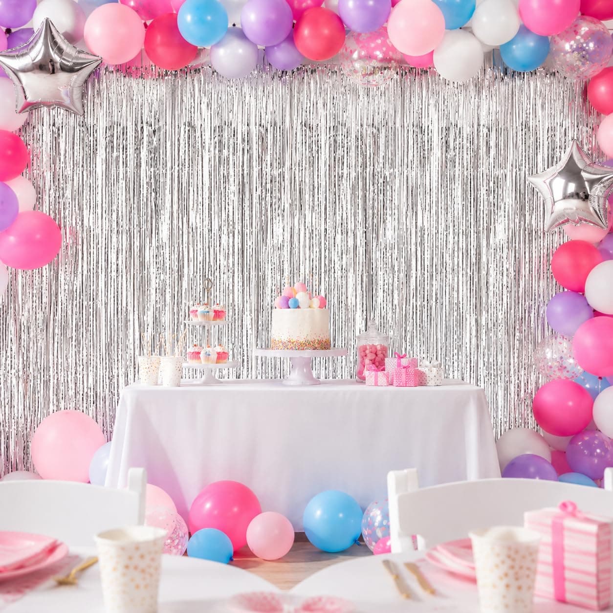 Balloonistics Silver Metallic Fringe Foil Curtain – Set of 4, 6x3 Ft Backdrop for Birthday, Baby Shower & Anniversary Decoration thumbnail 1