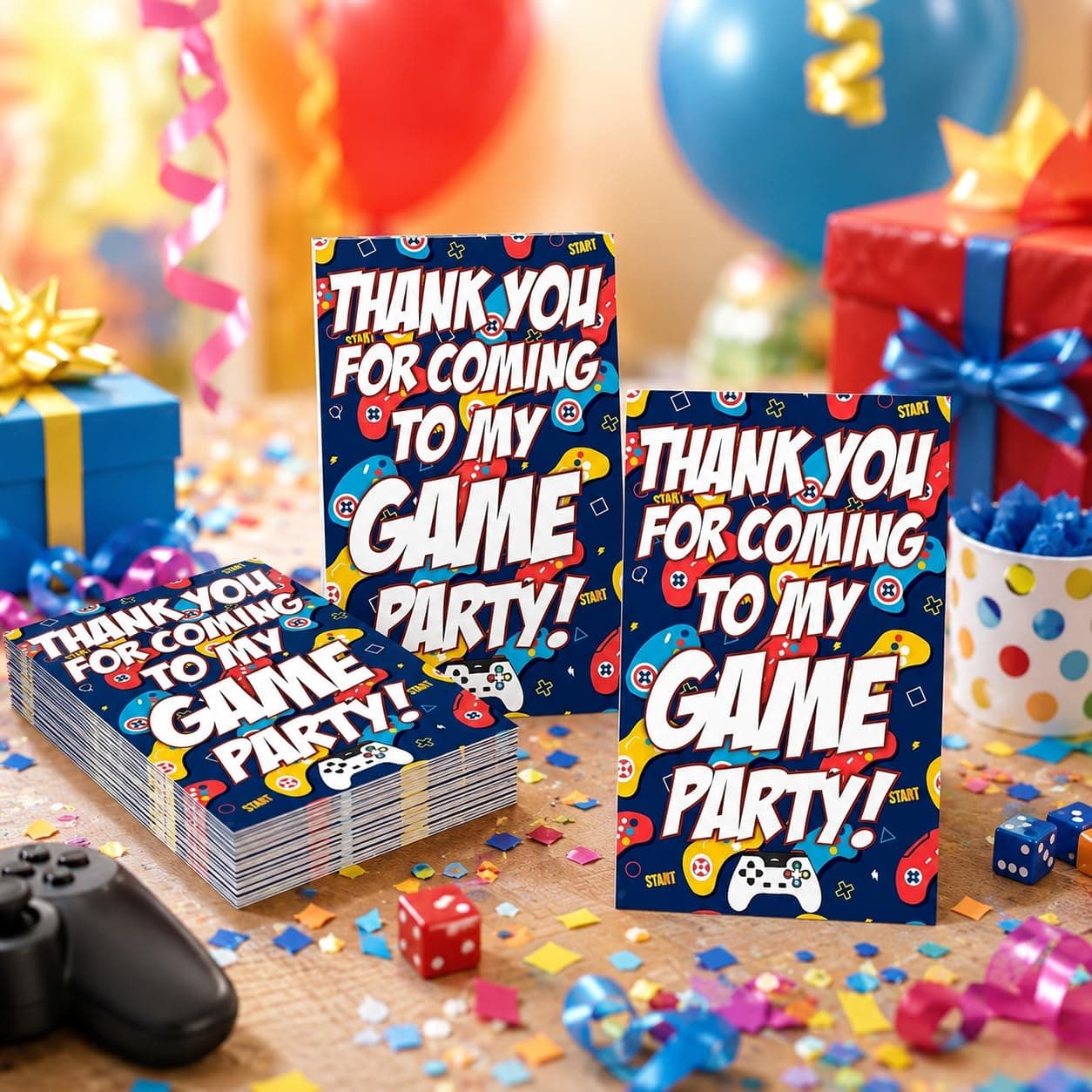 Balloonistics Video Game Theme Thank You Cards (Pack of 20) - Level Up Birthday Return Gift Note Cards for Kids - Gamer Party Favor Tags, "Thanks for Playing" Cardstock Notes for Boys & Girls (Thank you Cards - Pack of 20)