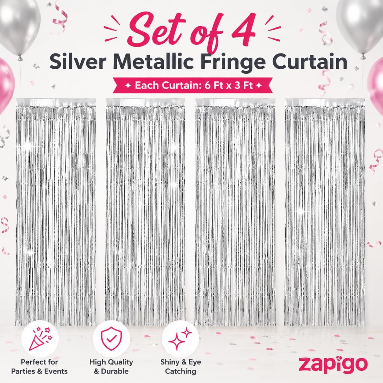 Balloonistics Silver Metallic Fringe Foil Curtain – Set of 4, 6x3 Ft Backdrop for Birthday, Baby Shower & Anniversary Decoration thumbnail 2