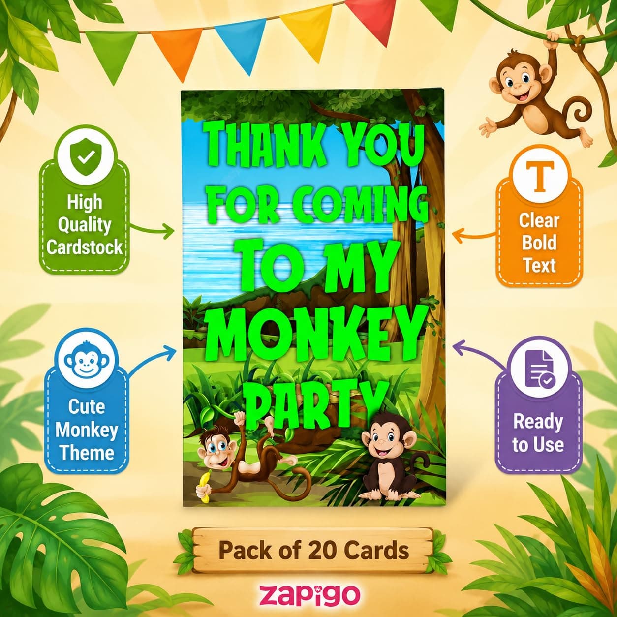 Balloonistics Monkey Theme Thank You Cards for Kids Birthday - Pack of 20 Jungle Safari Return Gift Notes - Premium Cardstock Stationery, Cute Animal Party Supplies for Boys and Girls (Thank you Cards - Pack of 20) thumbnail 4