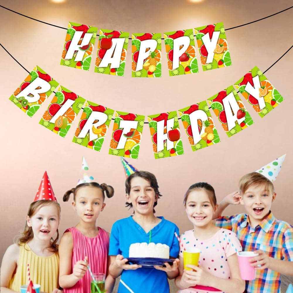 Balloonistics Fruit Theme Happy Birthday Banner - Premium Cardstock "Tutti Frutti" Bunting - Vibrant Summer Berry & Citrus Backdrop for Kids & "One-in-a-Melon" Parties - Includes Ribbon (Happy Birthday Banner) thumbnail 3
