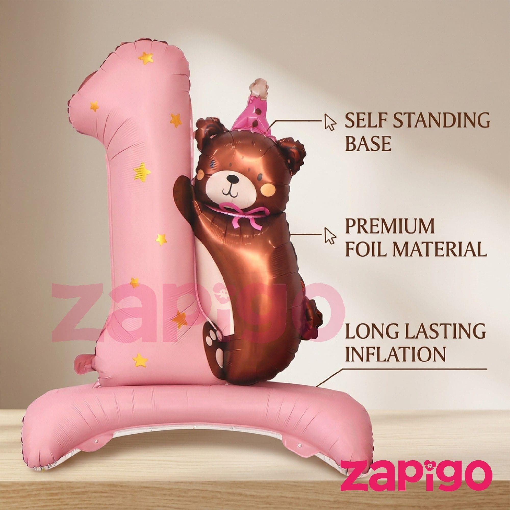 Balloonistics Number 1 Self Standing Pink Foil Balloon With Teddy Bear thumbnail 2