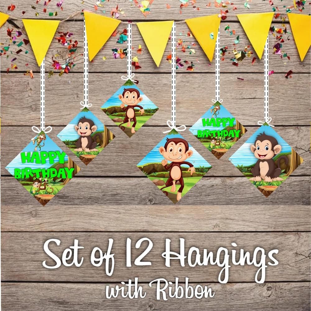 Balloonistics Monkey Theme Party Hangings - Pack of 12 Jungle Safari Ceiling Decorations - Premium Cardstock Animal Cutouts with Swirls, Cute Monkey Birthday Decor for Boys & Girls (Hangings - Pack of 12) thumbnail 2