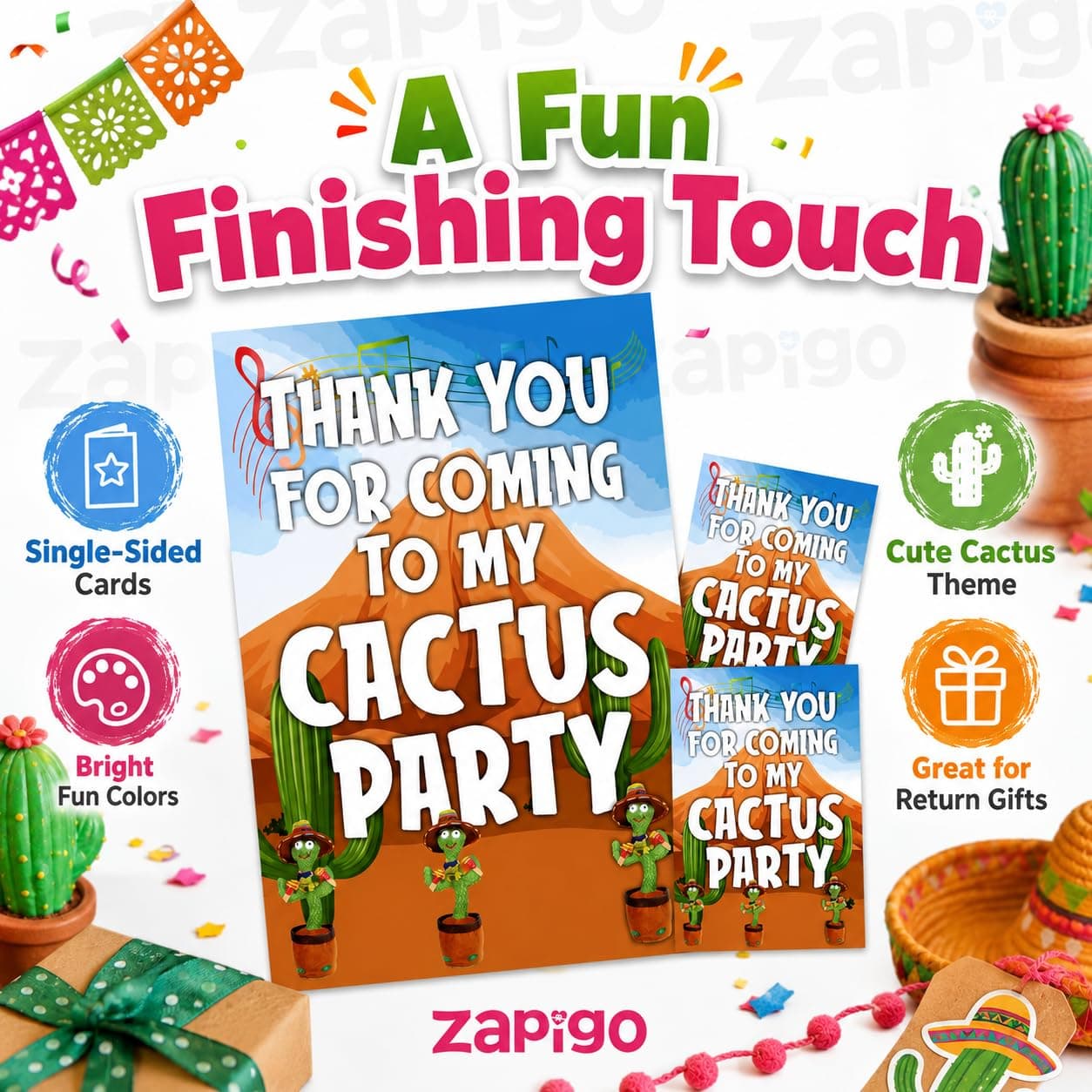 Balloonistics Talking Cactus Birthday Thank You Cards - Pack of 20 Premium Cardstock Notes - Dancing Cactus Theme Party Supplies, Desert Fiesta "Stay Sharp" Appreciation Cards, Mimicking Plant Party Favors (Thank you Cards - Pack of 20) thumbnail 5