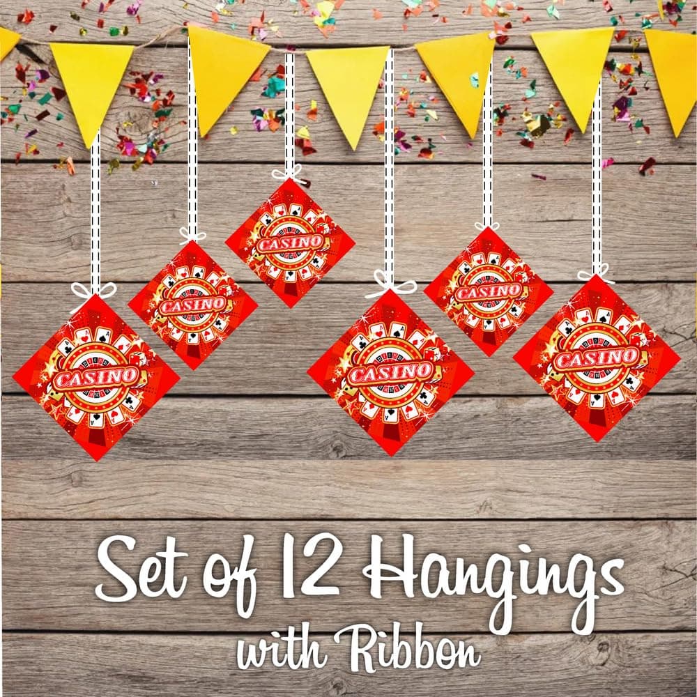 Balloonistics Casino Theme Birthday Hanging Decorations (Pack of 12) - Double-Sided Cardstock Swirls & Cutouts for Las Vegas Style Parties - Poker Night & Casino Royale Ceiling Decor with Ribbons (Hangings - Pack of 12) thumbnail 2