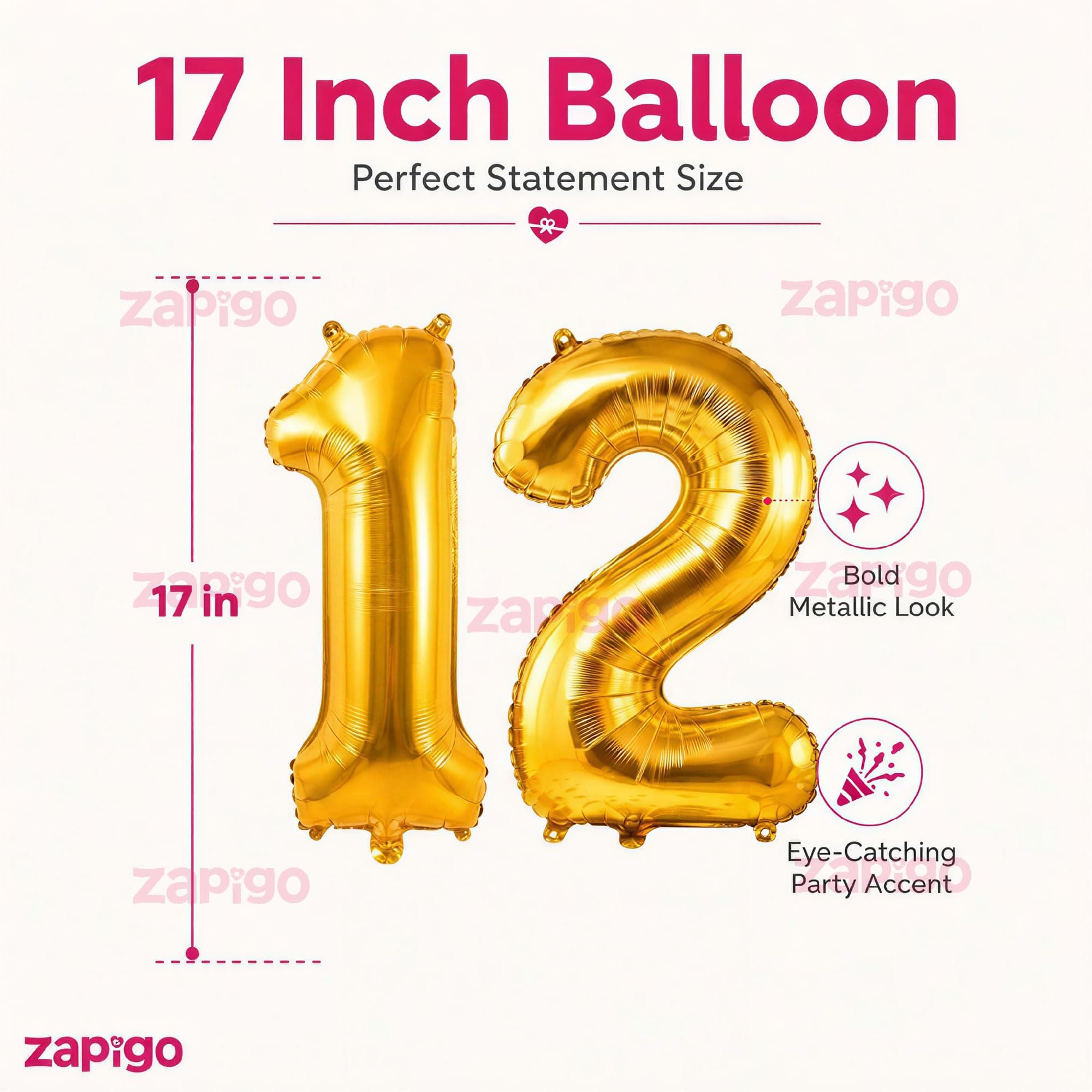 Balloonistics Number 12 Gold Foil Balloon – 17-Inch Metallic Gold “12” Balloon for 12th Birthday & Kids Party Decorations (Gold, Pack of 2) thumbnail 3